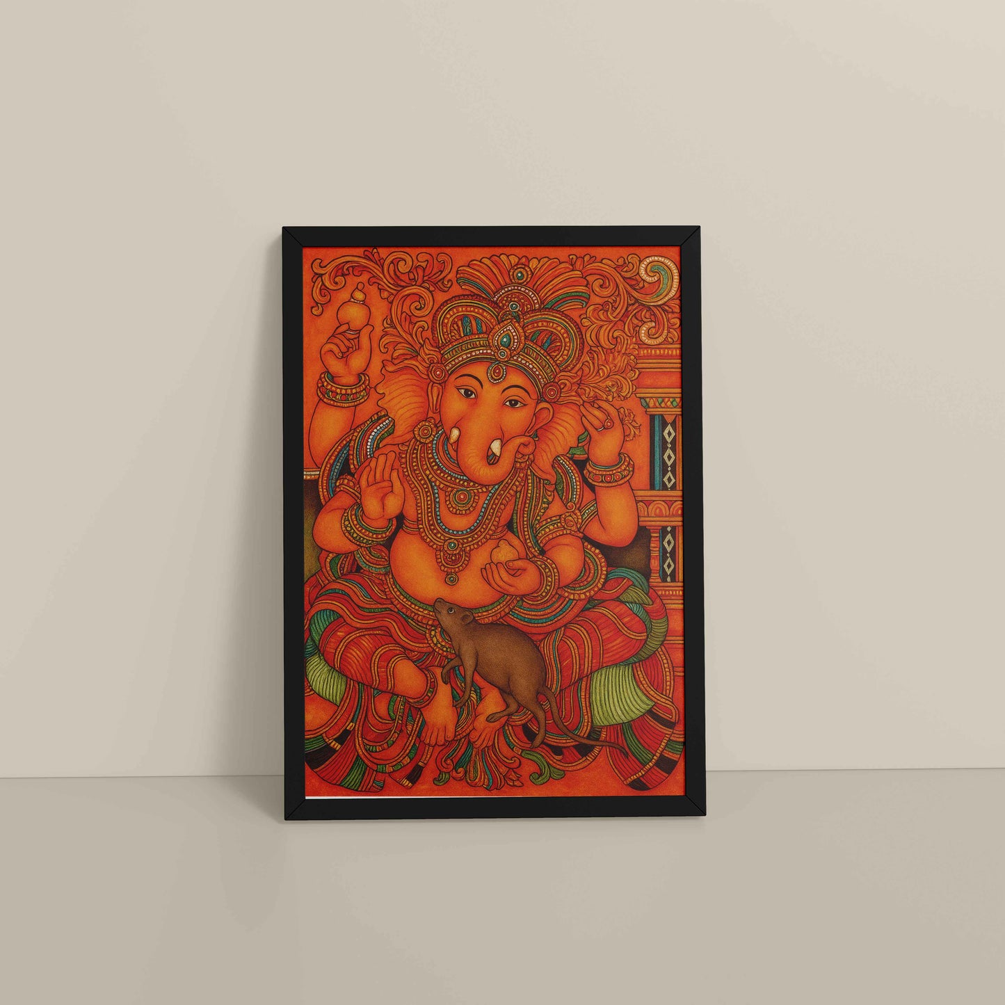 Floor View of Blessings of Ganesha – Kerala Mural Wall Art & Decor in Black Color Frame