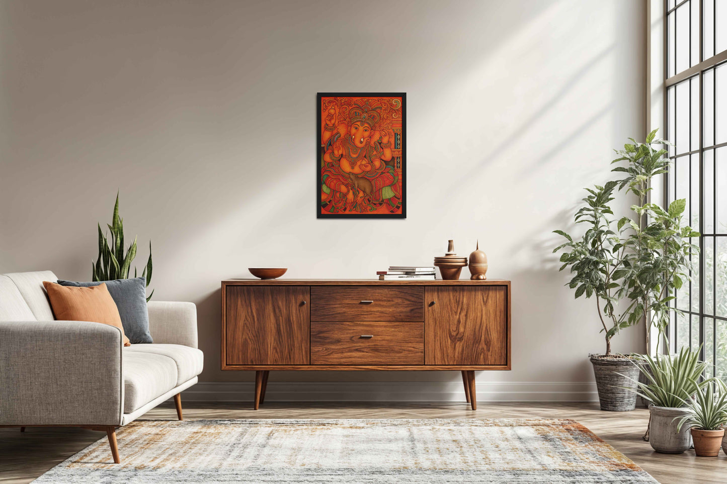 Living Room Sofa Preview of Blessings of Ganesha – Kerala Mural Wall Art & Decor in Black Color Frame