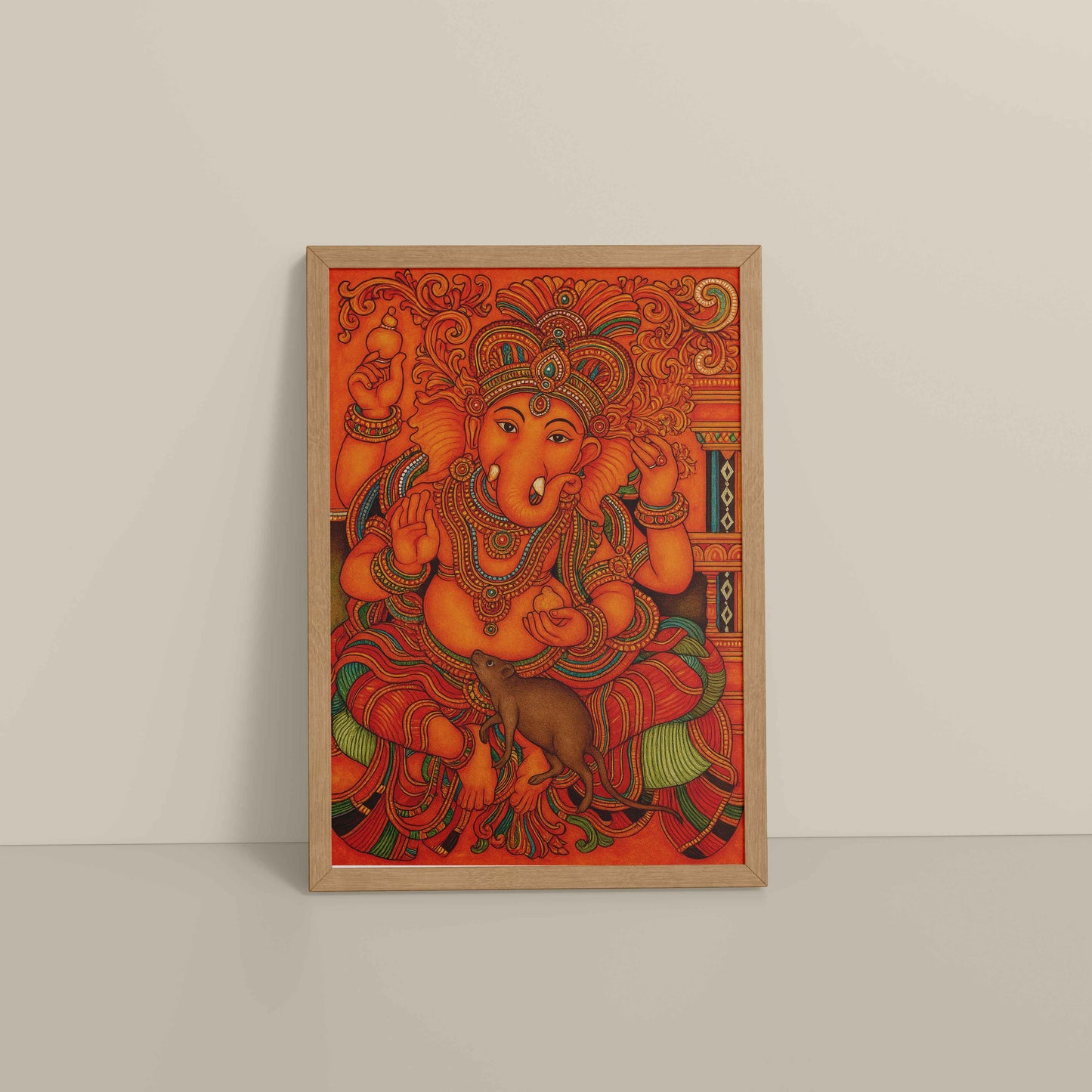 Floor View of Blessings of Ganesha – Kerala Mural Wall Art & Decor in Natrual Color Frame