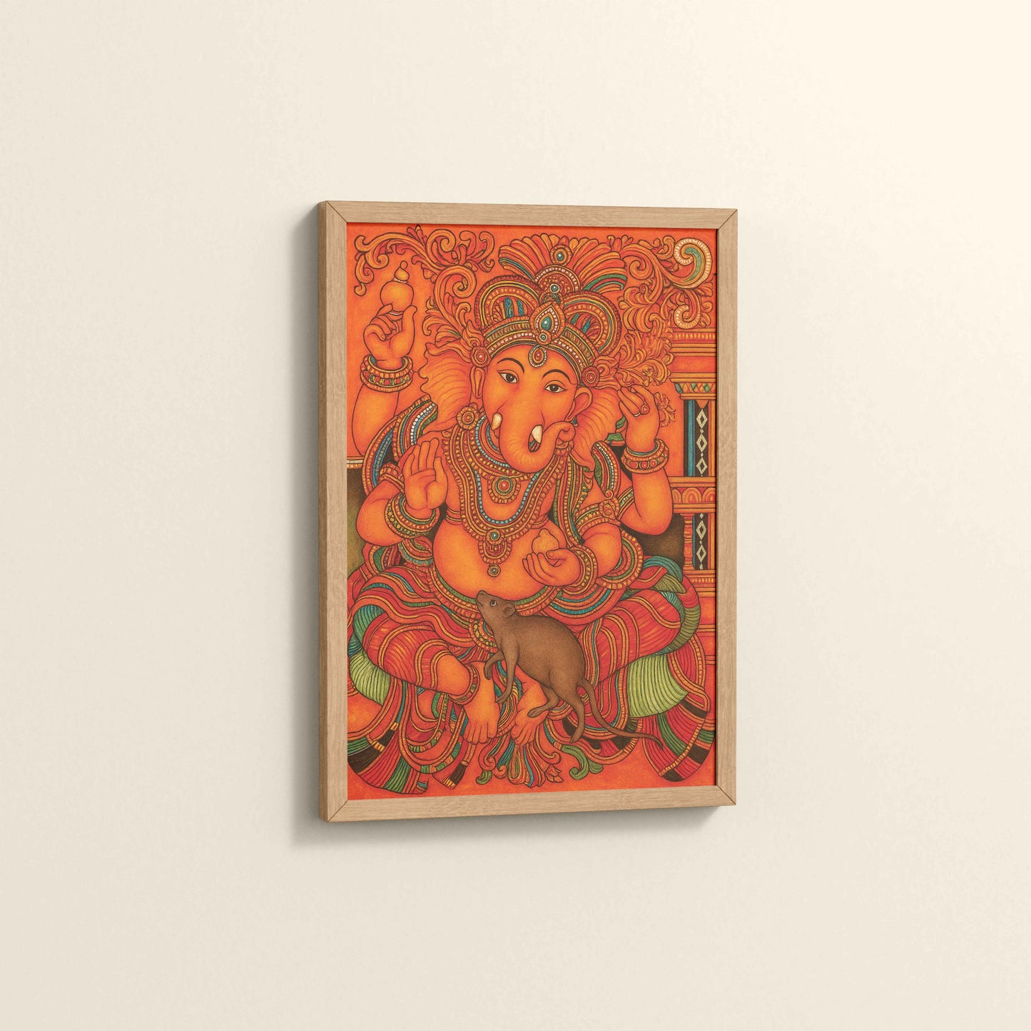 Side View of Blessings of Ganesha – Kerala Mural Wall Art & Decor in Natrual Color Frame