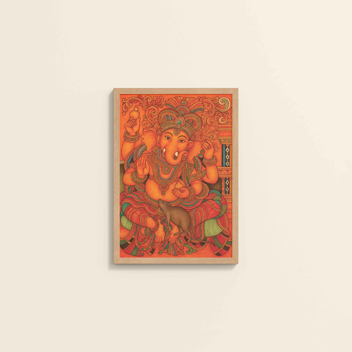 Wall View of Blessings of Ganesha – Kerala Mural Wall Art & Decor in Natrual Color Frame