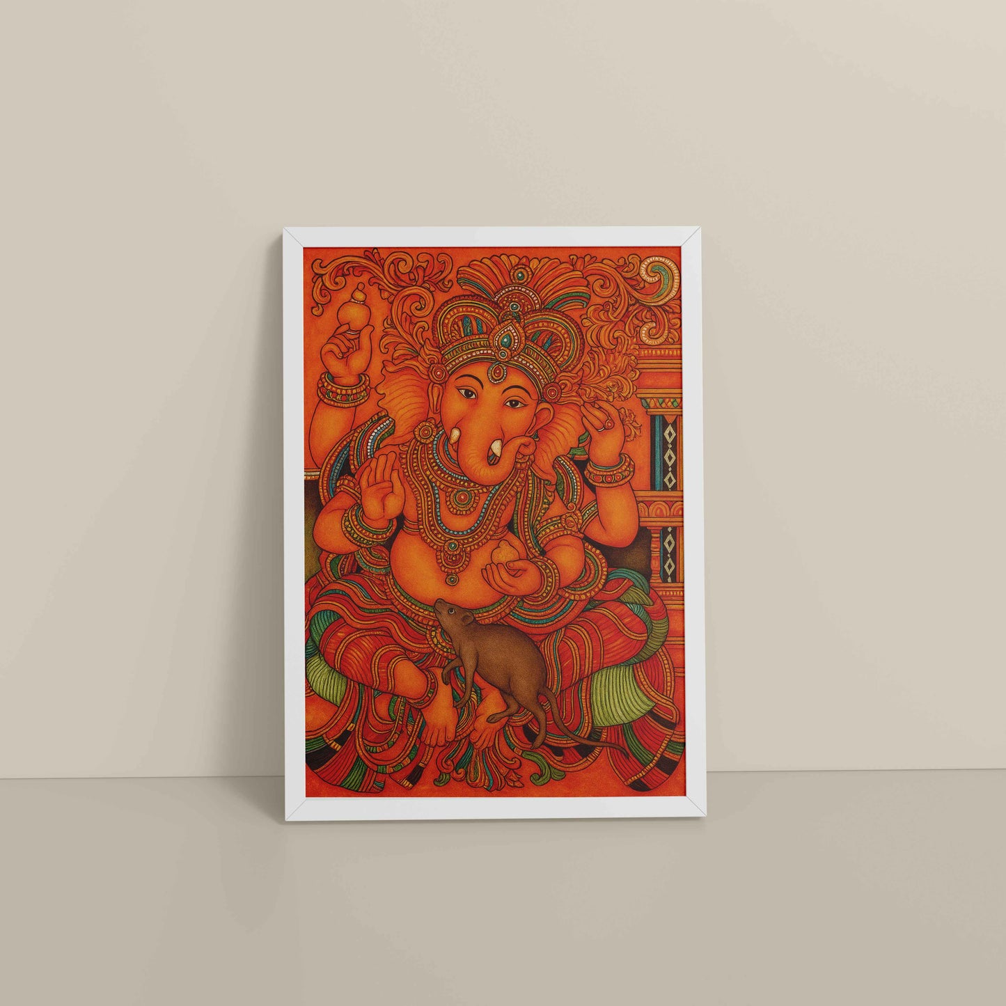 Floor View of Blessings of Ganesha – Kerala Mural Wall Art & Decor in White Color Frame