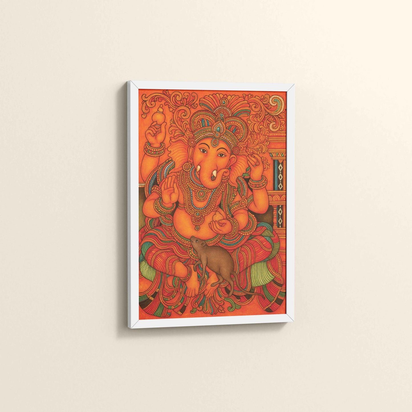Side View of Blessings of Ganesha – Kerala Mural Wall Art & Decor in White Color Frame