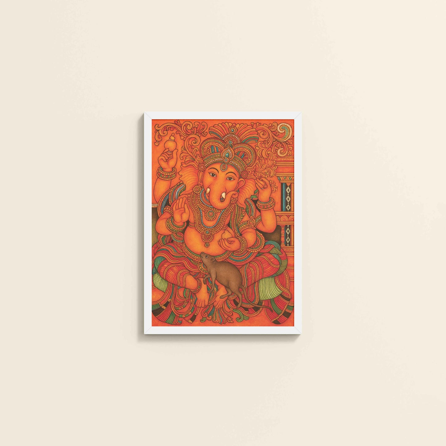 Wall View of Blessings of Ganesha – Kerala Mural Wall Art & Decor in White Color Frame