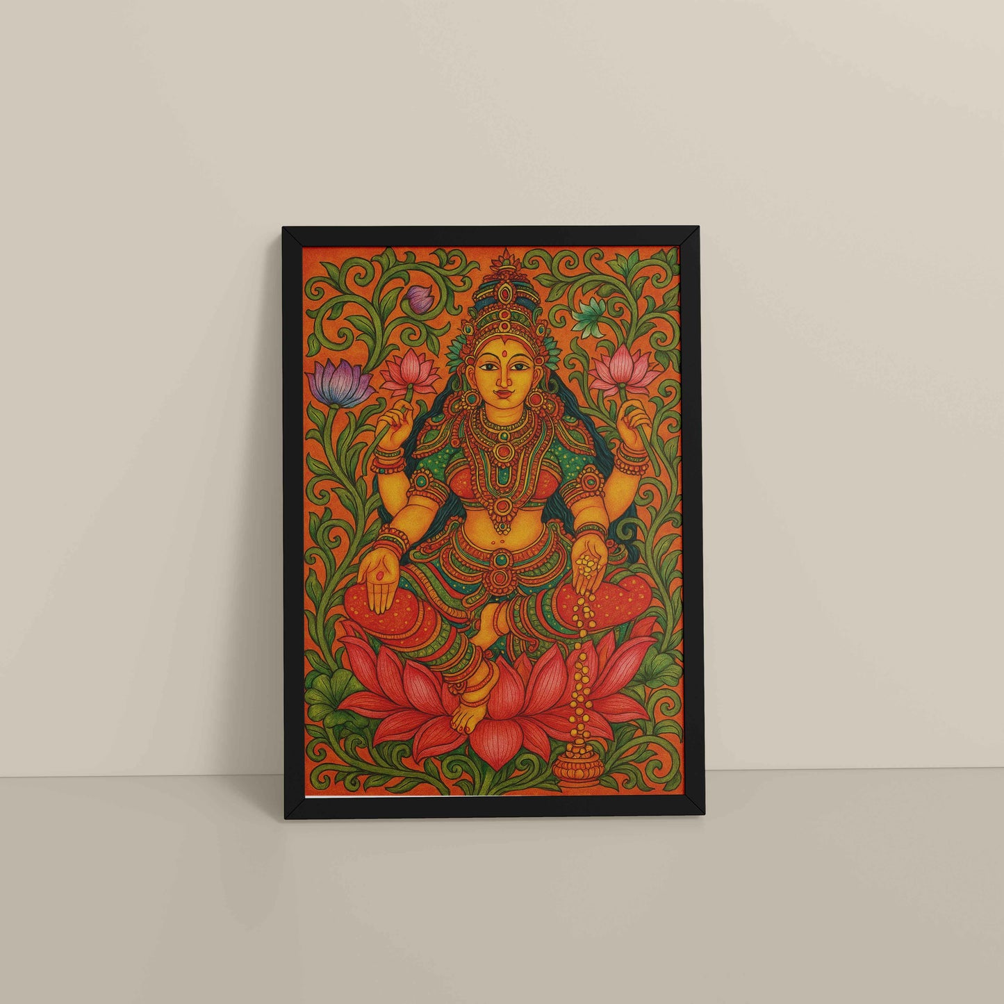 Floor View of Goddess Lakshmi – Kerala Mural Art and Wall Decor in Black Color Frame