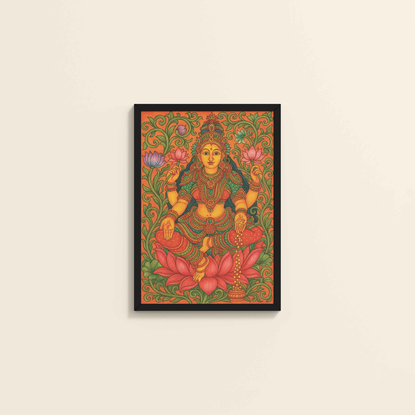 Wall View of Goddess Lakshmi – Kerala Mural Art and Wall Decor in Black Color Frame
