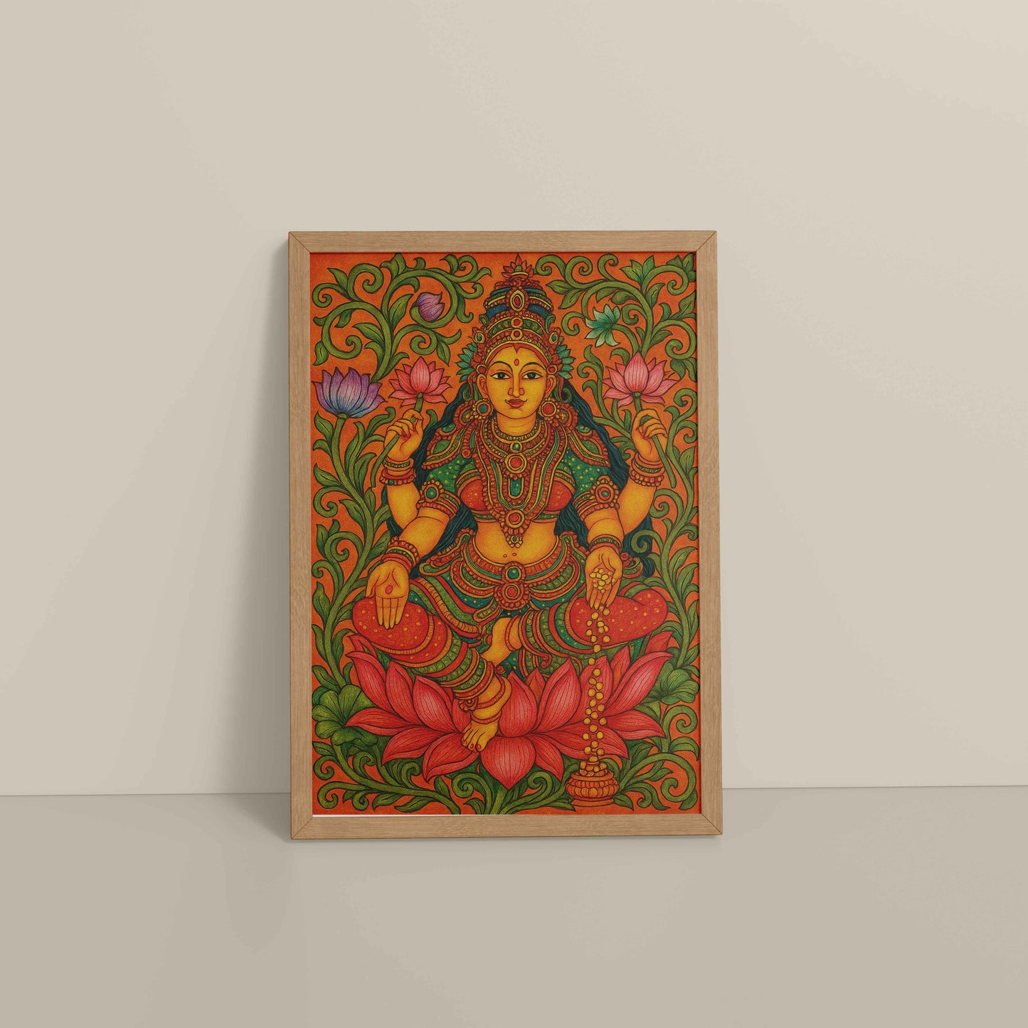 Floor View of Goddess Lakshmi – Kerala Mural Art and Wall Decor in Natrual Color Frame