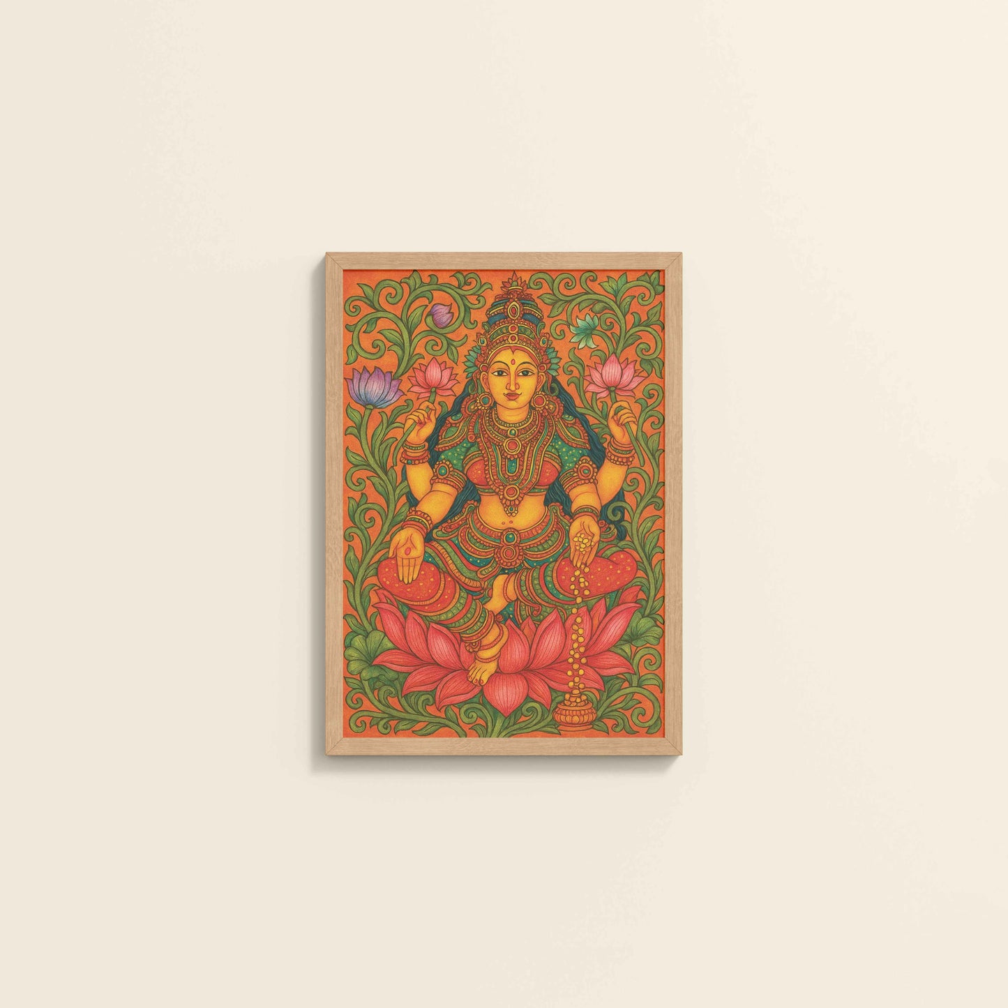 Wall View of Goddess Lakshmi – Kerala Mural Art and Wall Decor in Natrual Color Frame