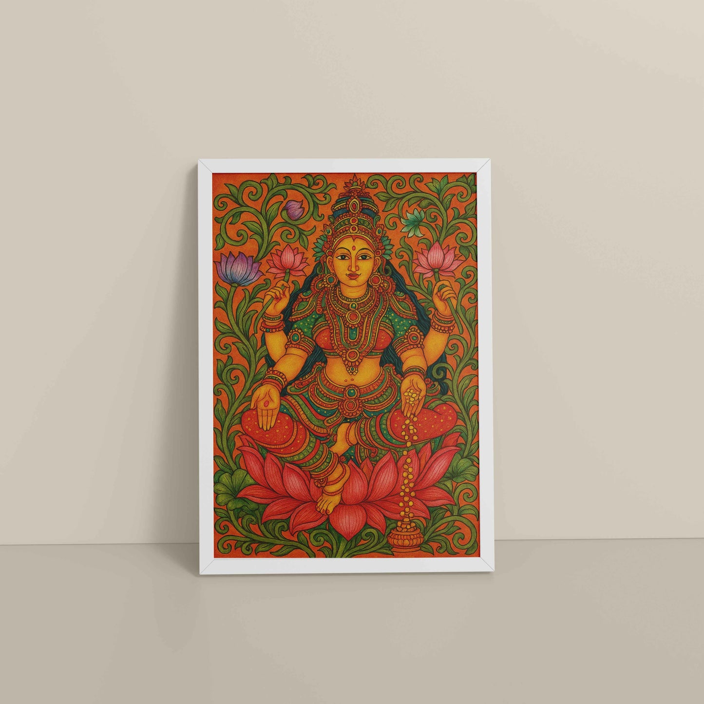 Floor View of Goddess Lakshmi – Kerala Mural Art and Wall Decor in White Color Frame
