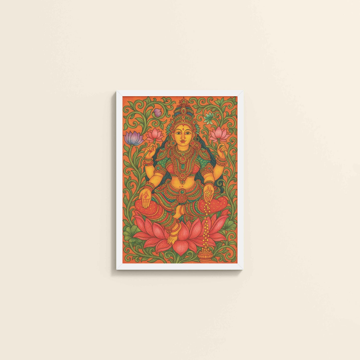 Wall View of Goddess Lakshmi – Kerala Mural Art and Wall Decor in White Color Frame