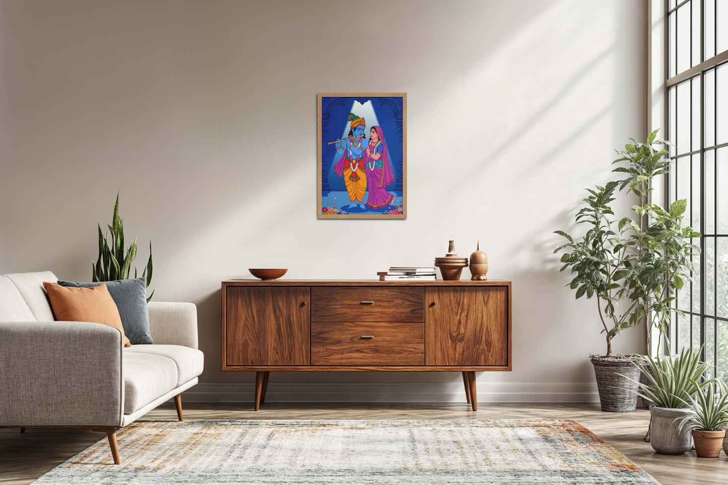 Living Room Sofa Preview of Radha Krishna – The Eternal Bond of Love Wall Art in Natrual Color Frame
