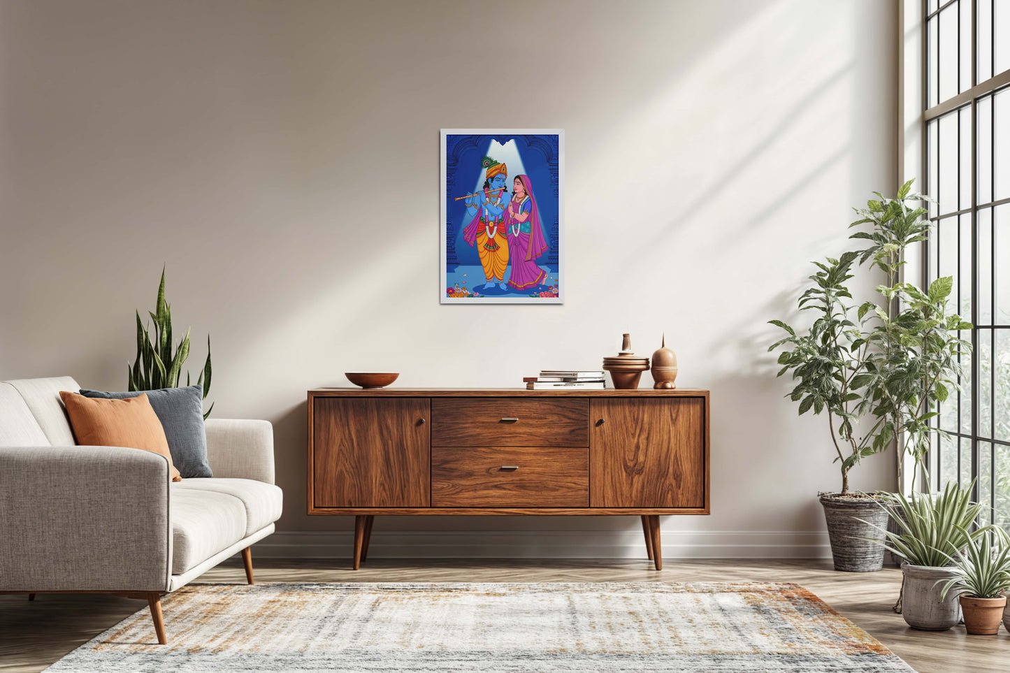 Living Room Sofa Preview of Radha Krishna – The Eternal Bond of Love Wall Art in White Color Frame
