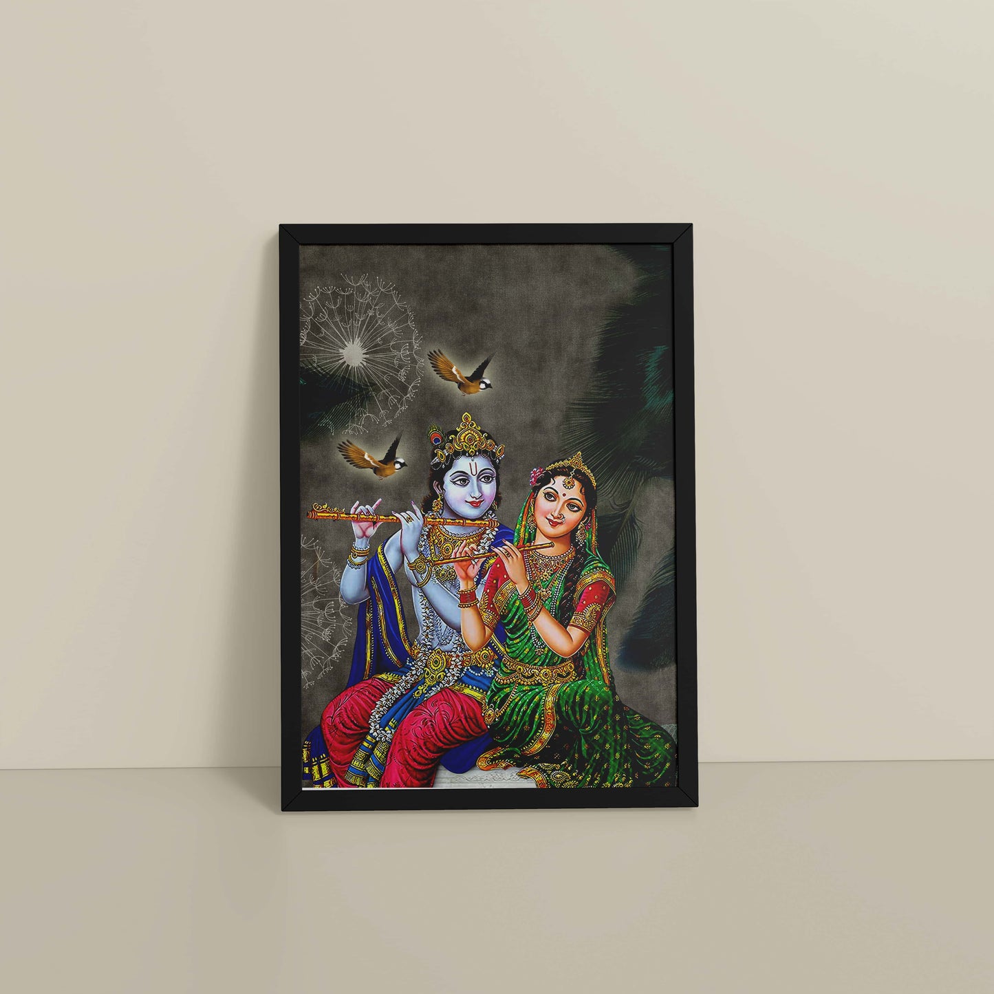 Floor View of Radha Krishna Playing the Flute – Devotional Wall Art Frame in Black Color Frame
