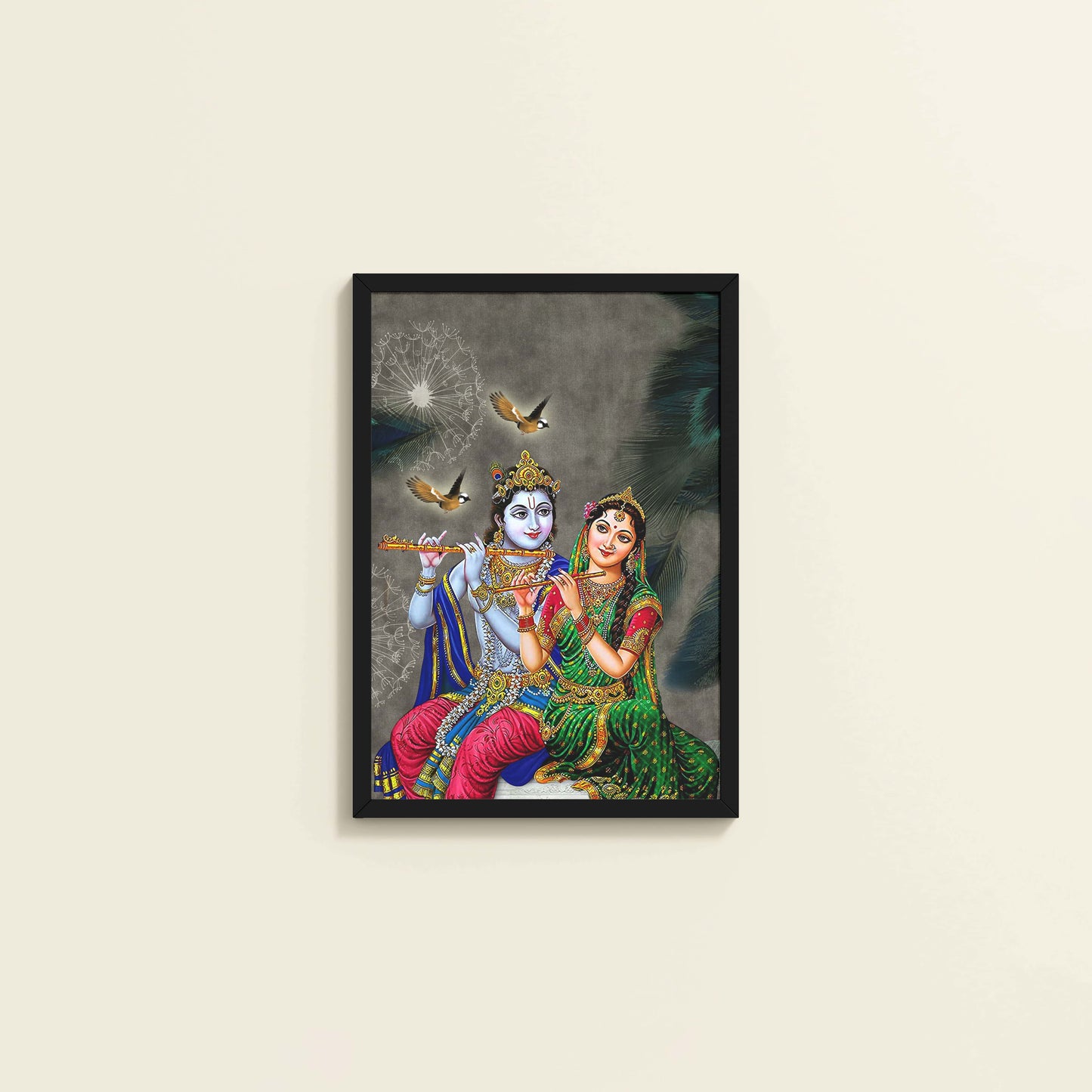 Wall View of Radha Krishna Playing the Flute – Devotional Wall Art Frame in Black Color Frame