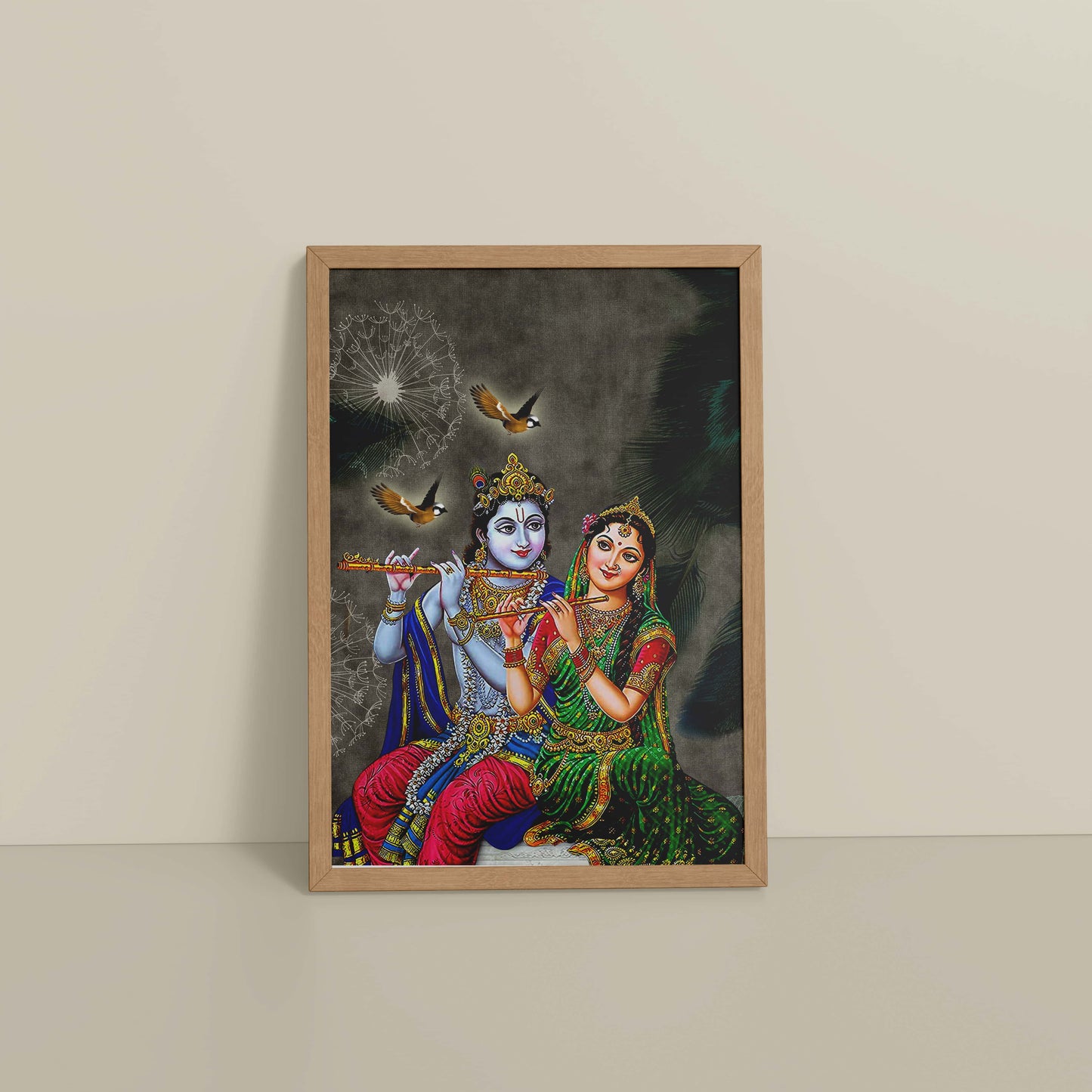 Floor View of Radha Krishna Playing the Flute – Devotional Wall Art Frame in Natrual Color Frame