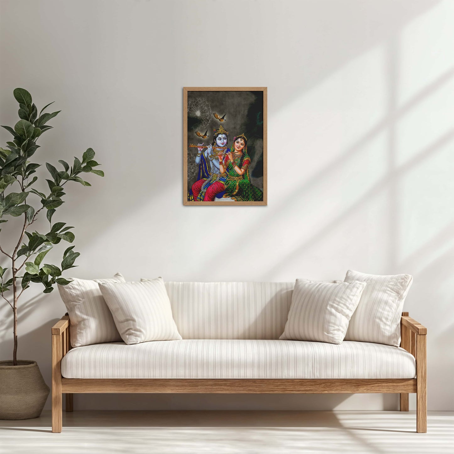 Living Room Cabinet Table Preview of Radha Krishna Playing the Flute – Devotional Wall Art Frame in Natrual Color Frame