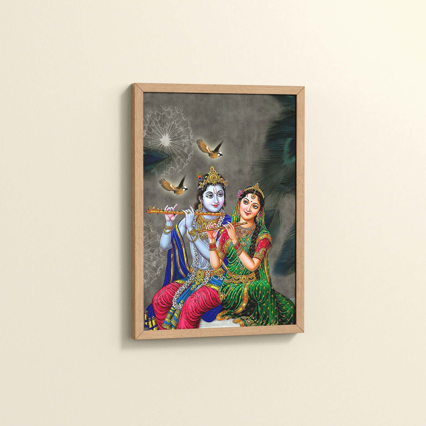 Side View of Radha Krishna Playing the Flute – Devotional Wall Art Frame in Natrual Color Frame