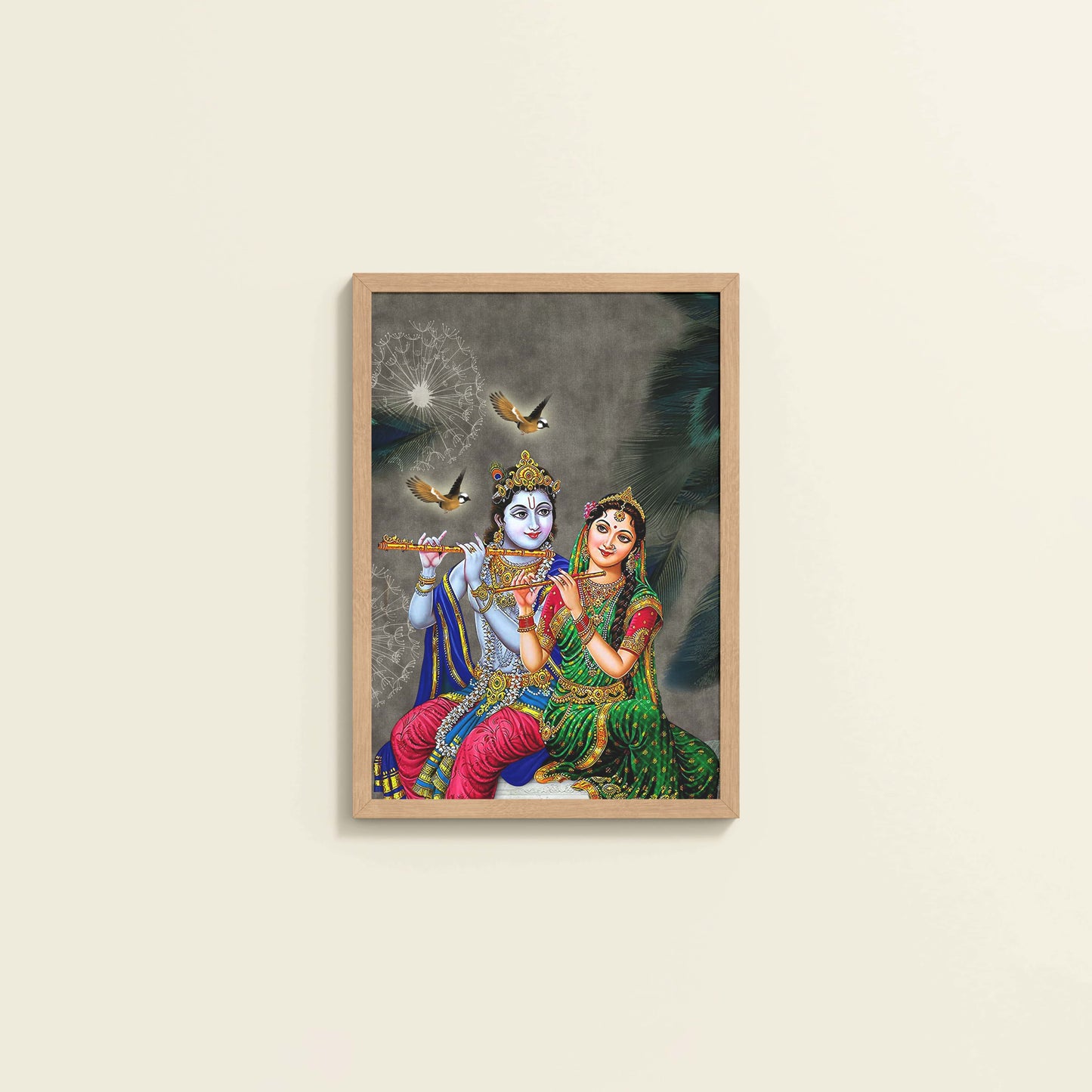 Wall View of Radha Krishna Playing the Flute – Devotional Wall Art Frame in Natrual Color Frame