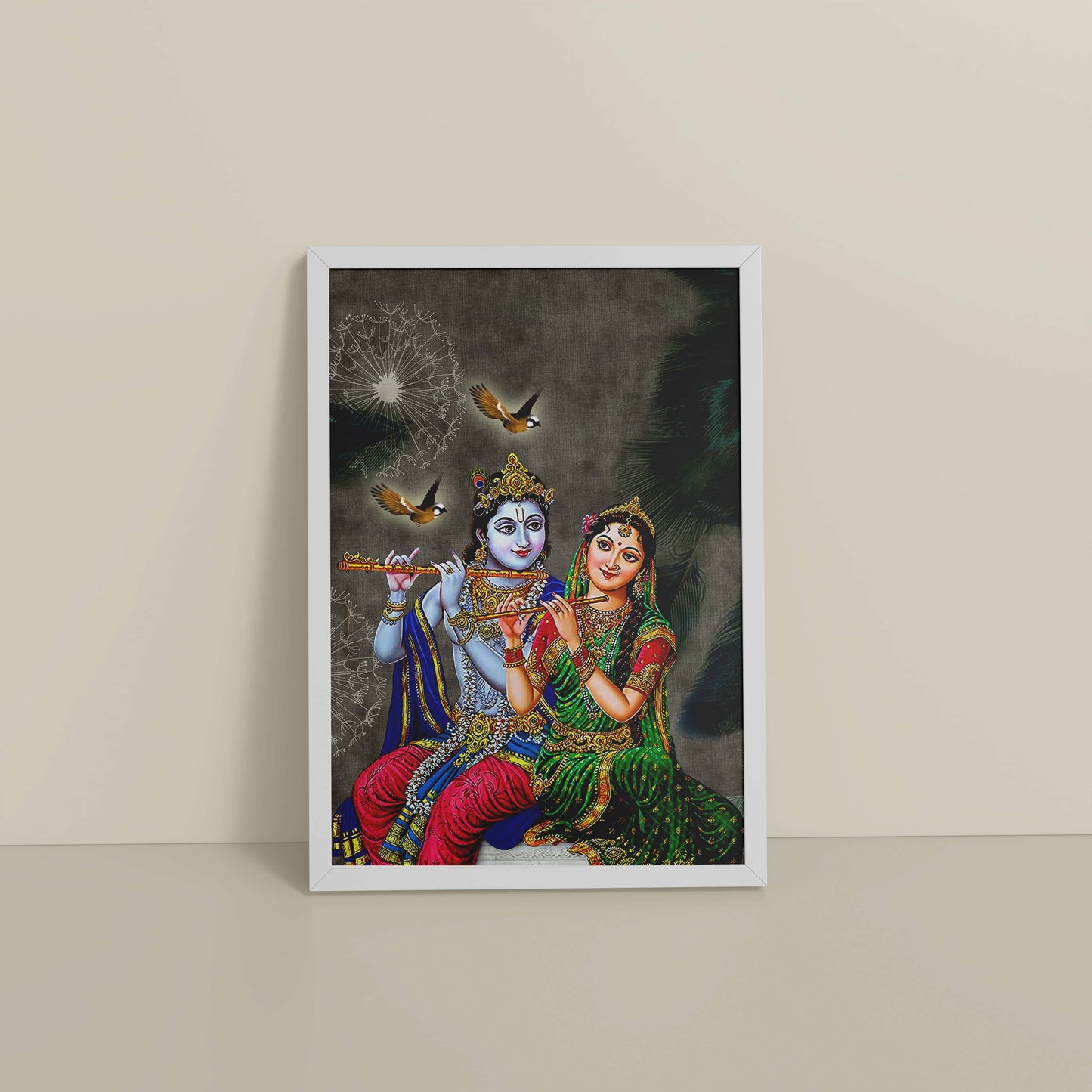 Floor View of Radha Krishna Playing the Flute – Devotional Wall Art Frame in White Color Frame