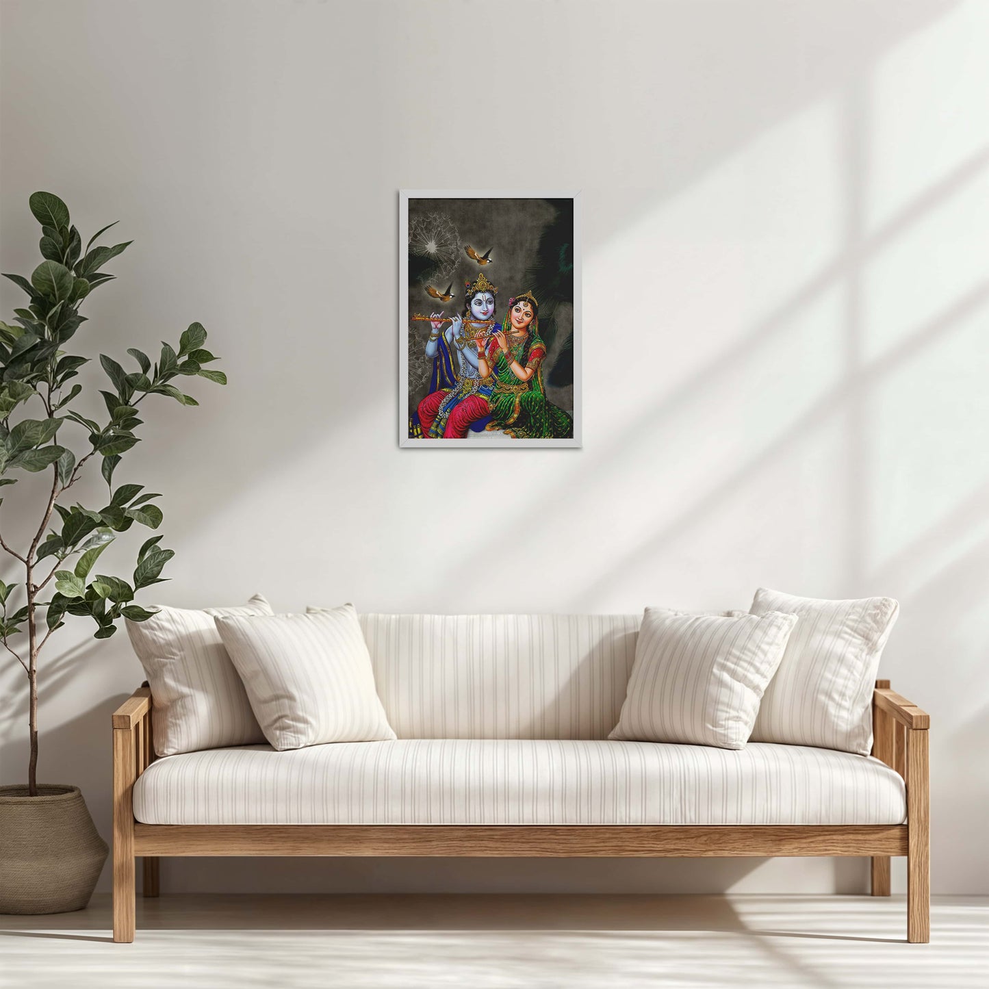 Living Room Cabinet Table Preview of Radha Krishna Playing the Flute – Devotional Wall Art Frame in White Color Frame