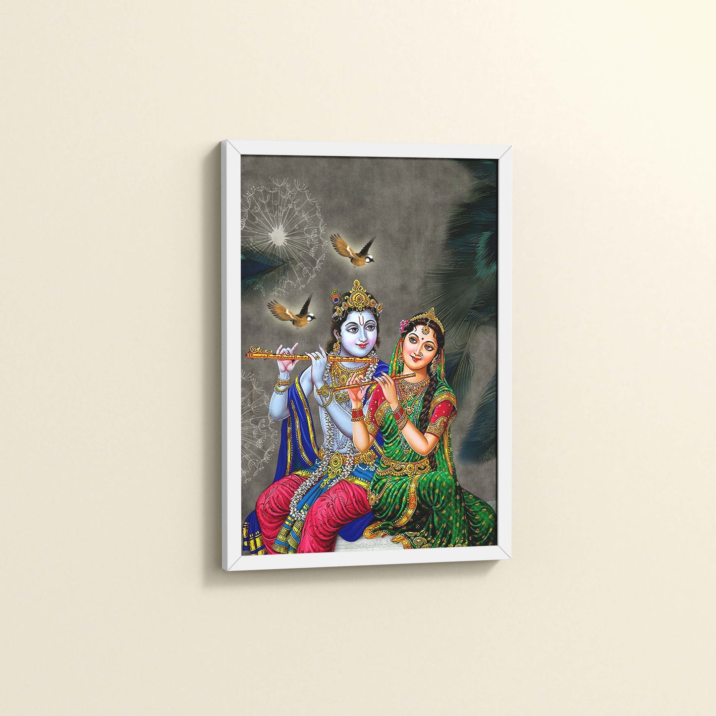 Side View of Radha Krishna Playing the Flute – Devotional Wall Art Frame in White Color Frame