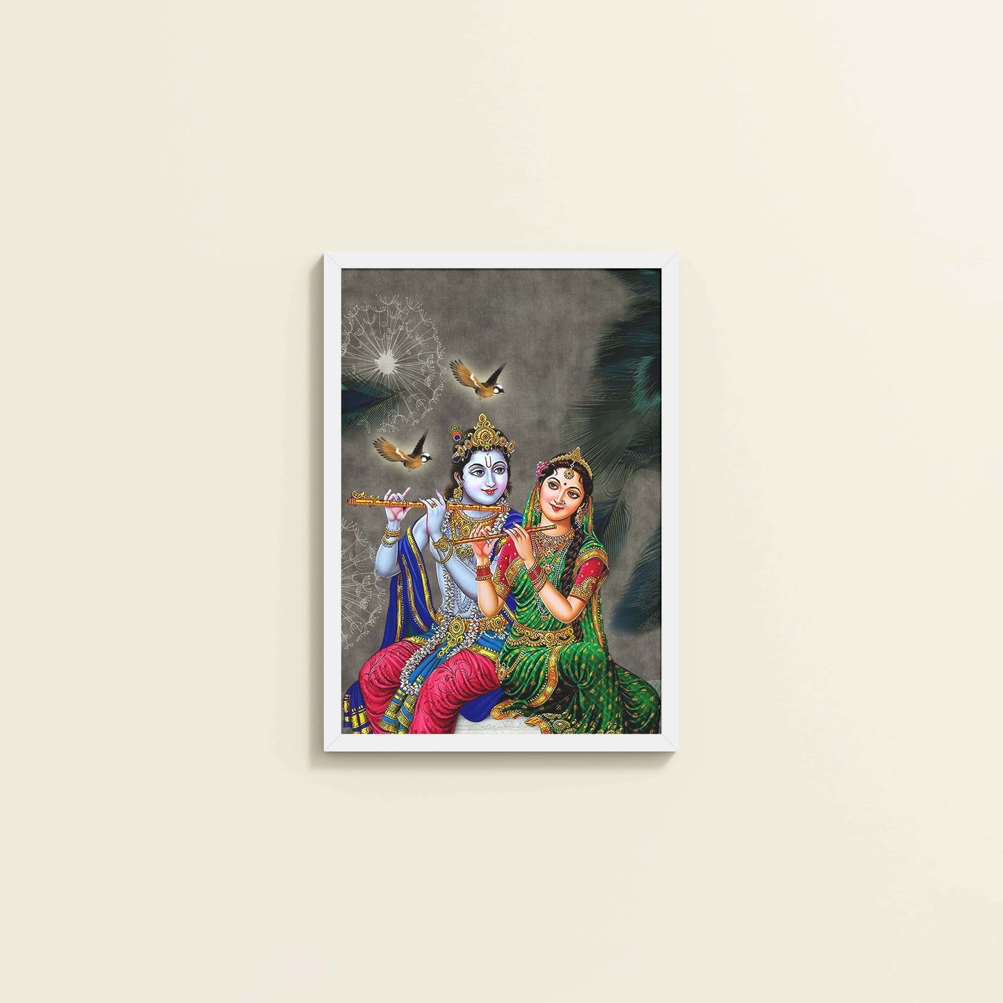 Wall View of Radha Krishna Playing the Flute – Devotional Wall Art Frame in White Color Frame