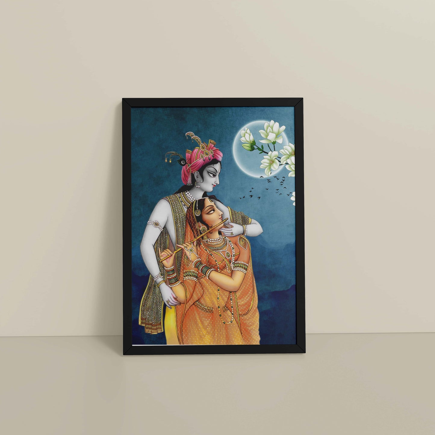 Floor View of Moonlit Melody – Radha Krishna Flute Love Wall Art & Decor in Black Color Frame