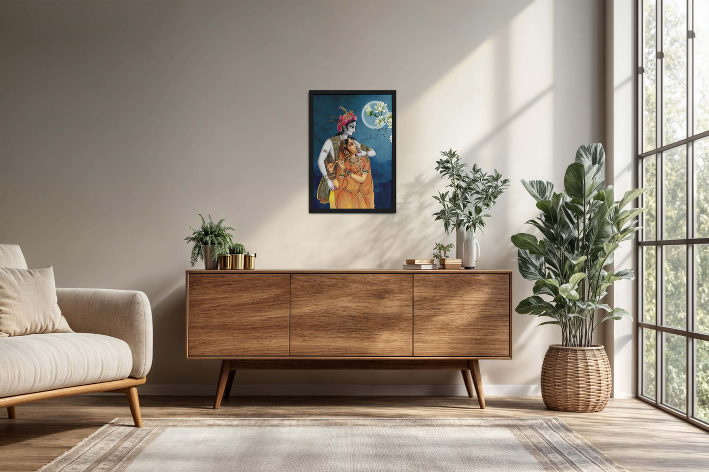 Living Room Cabinet Preview of Moonlit Melody – Radha Krishna Flute Love Wall Art & Decor in Black Color Frame