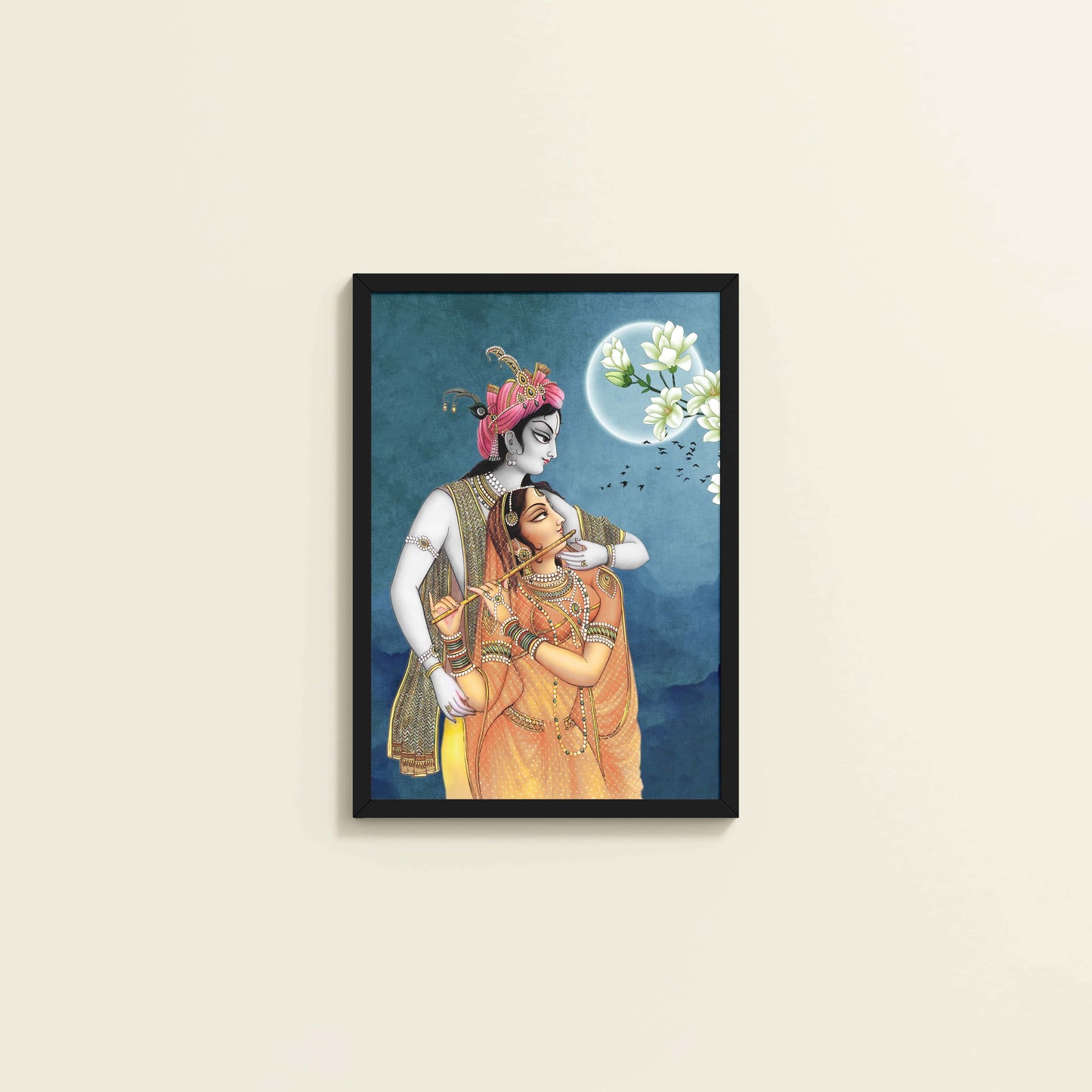 Wall View of Moonlit Melody – Radha Krishna Flute Love Wall Art & Decor in Black Color Frame