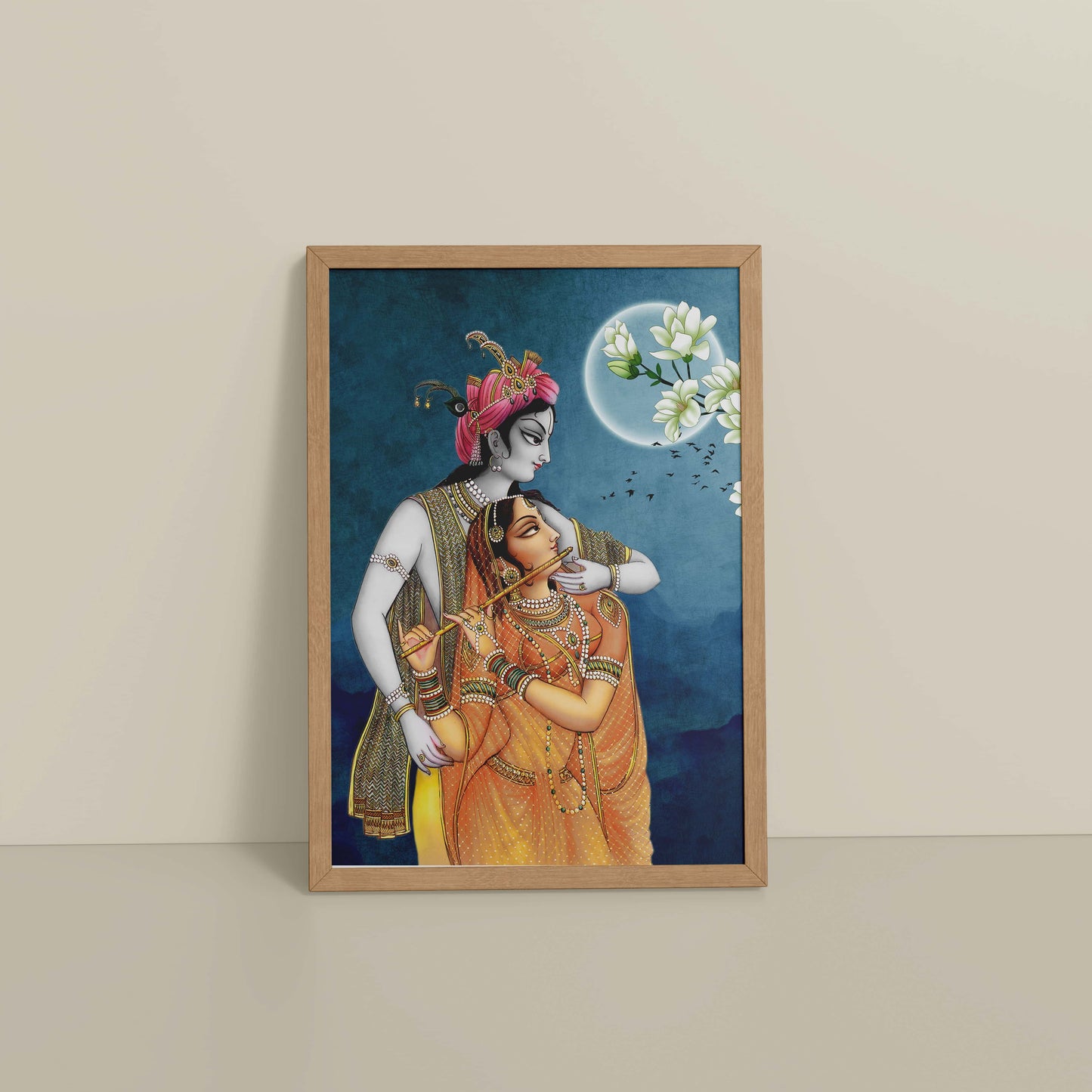 Floor View of Moonlit Melody – Radha Krishna Flute Love Wall Art & Decor in Natrual Color Frame