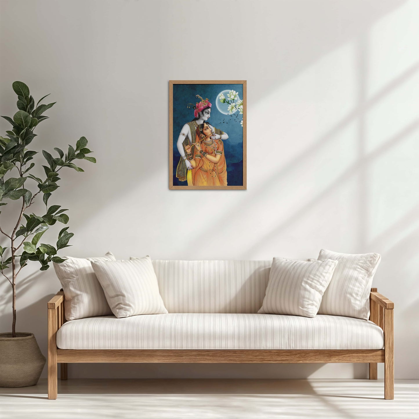 Living Room Cabinet Table Preview of Moonlit Melody – Radha Krishna Flute Love Wall Art & Decor in Natrual Color Frame