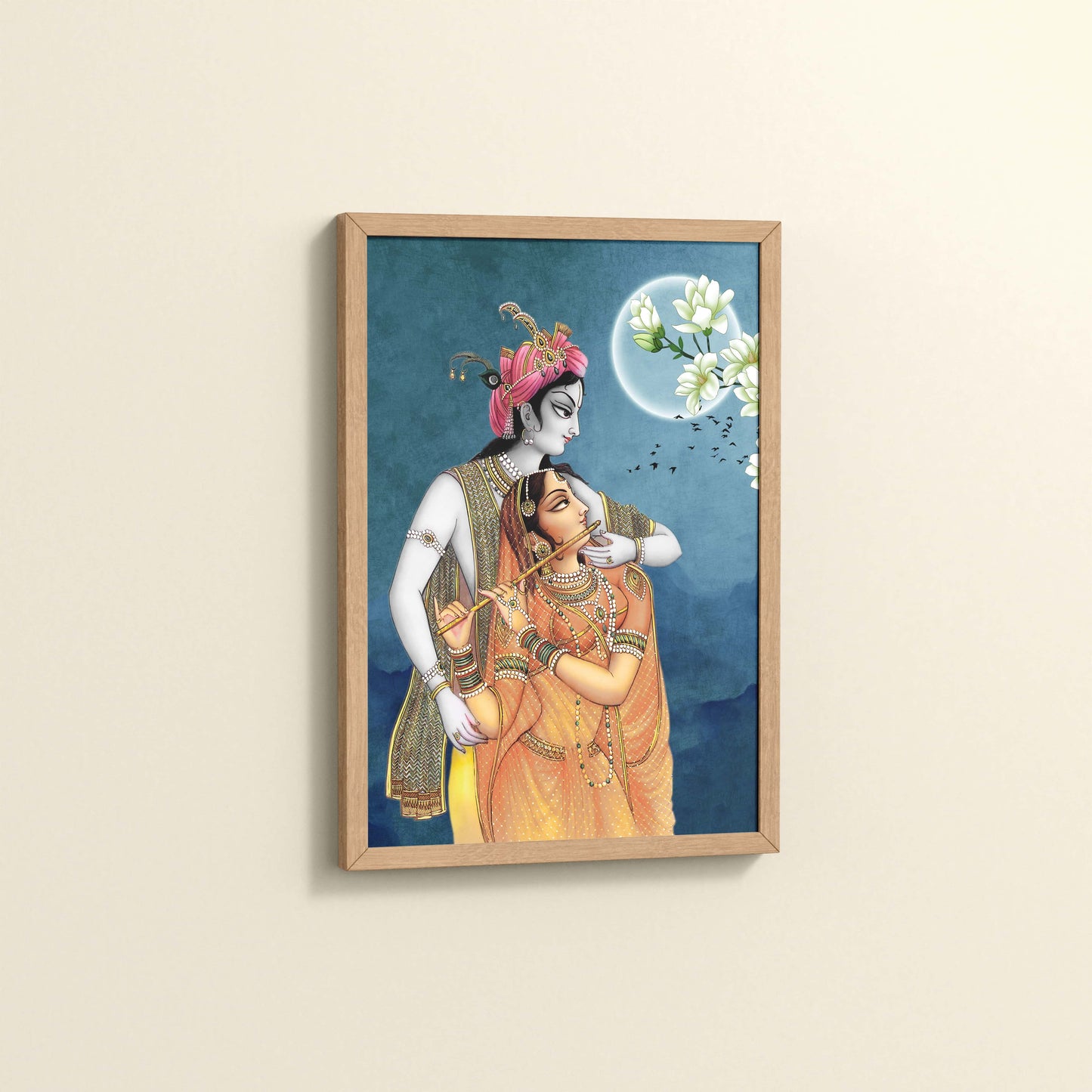 Side View of Moonlit Melody – Radha Krishna Flute Love Wall Art & Decor in Natrual Color Frame