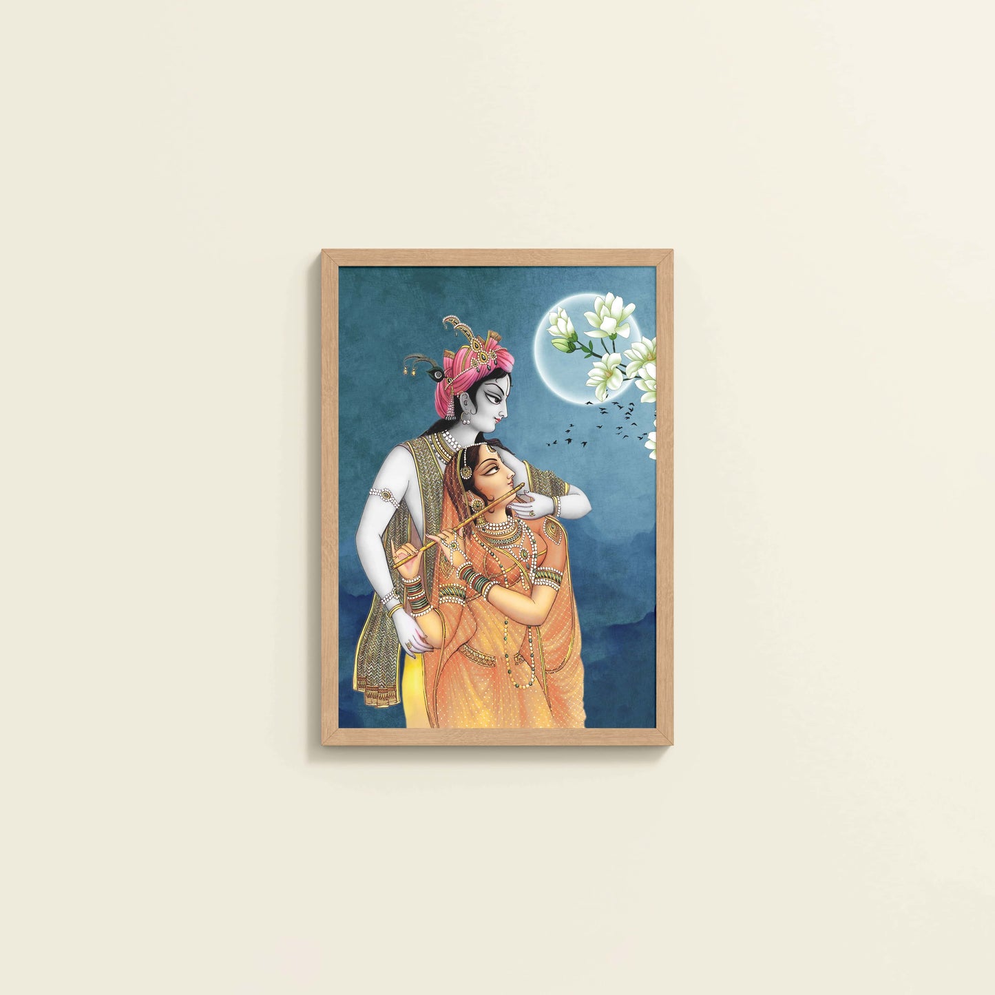 Wall View of Moonlit Melody – Radha Krishna Flute Love Wall Art & Decor in Natrual Color Frame