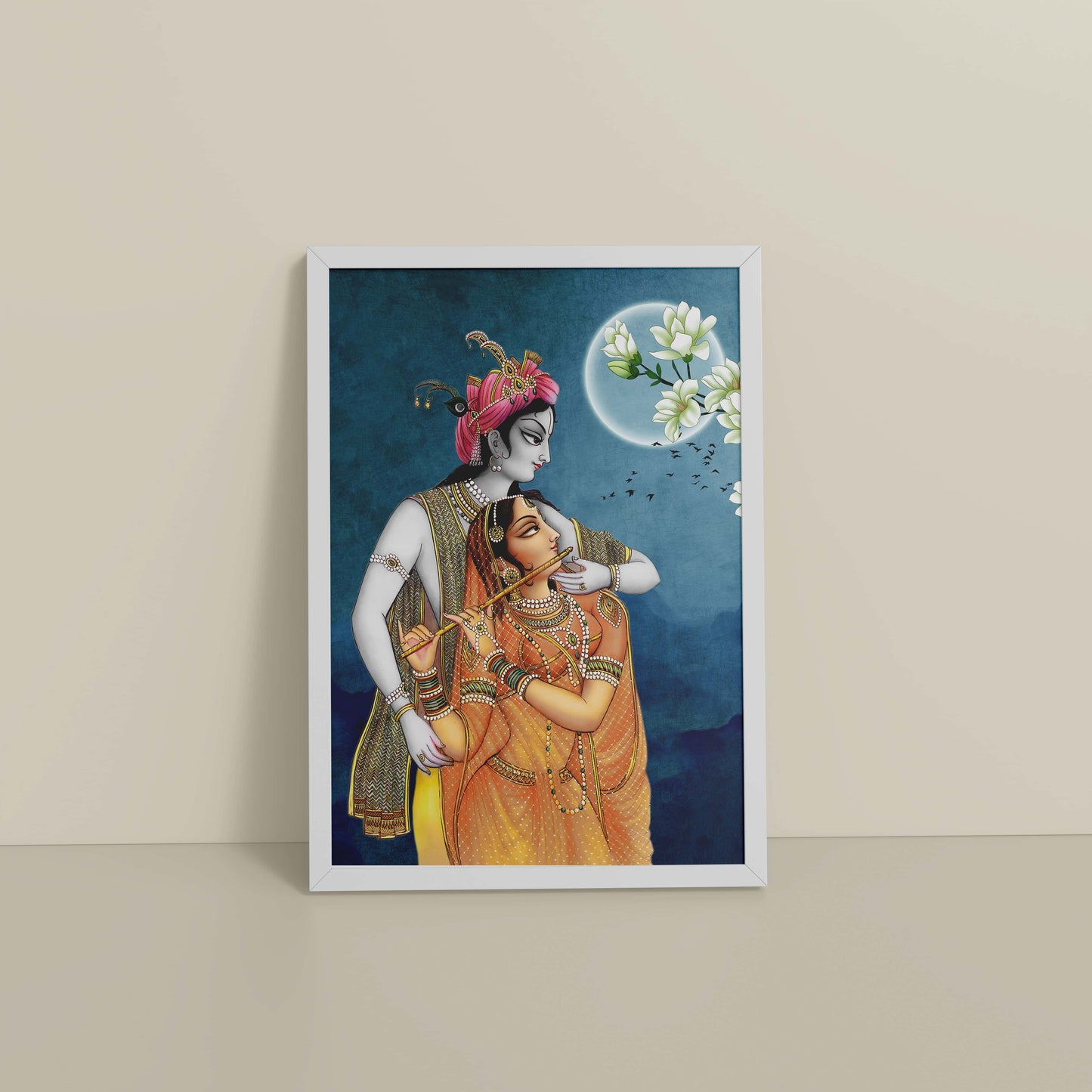 Floor View of Moonlit Melody – Radha Krishna Flute Love Wall Art & Decor in White Color Frame