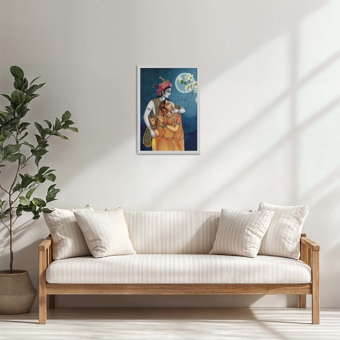 Living Room Cabinet Table Preview of Moonlit Melody – Radha Krishna Flute Love Wall Art & Decor in White Color Frame