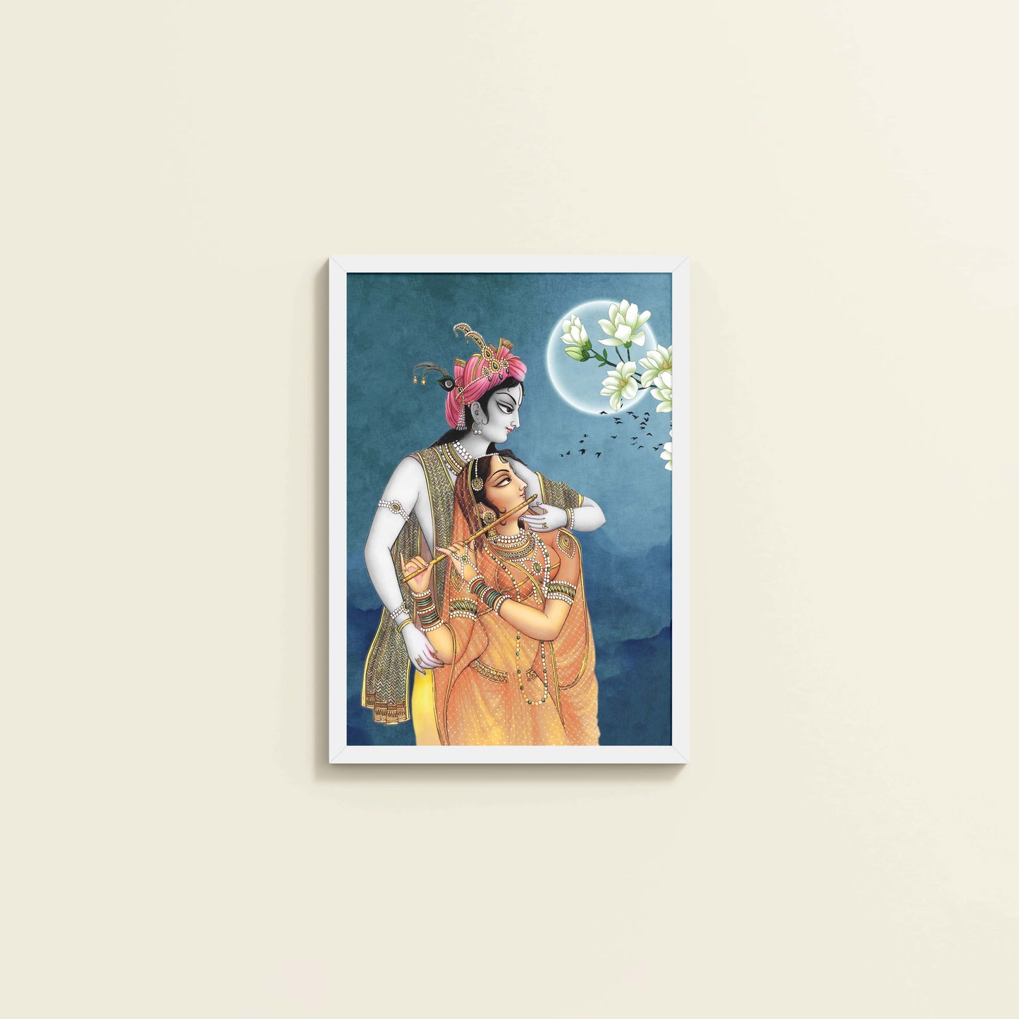 Wall View of Moonlit Melody – Radha Krishna Flute Love Wall Art & Decor in White Color Frame