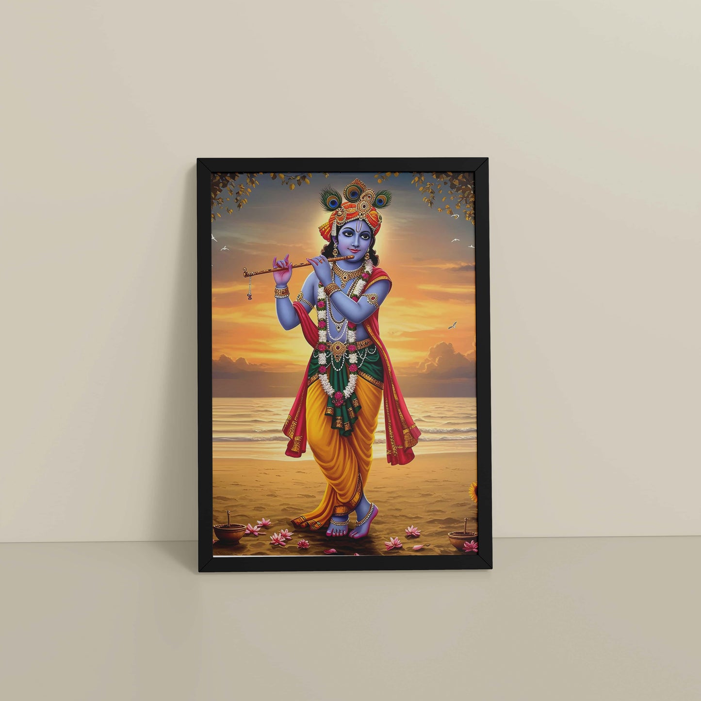 Floor View of Murlidhar – Krishna Playing Flute Wall Art & Decor in Black Color Frame