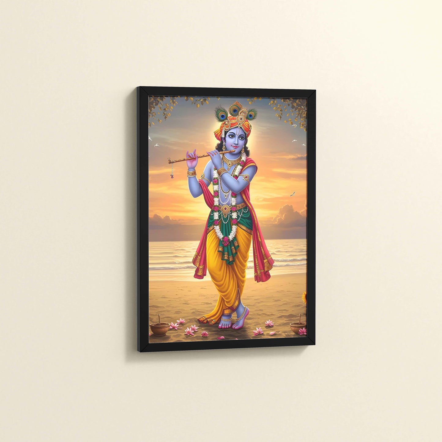 Side View of Murlidhar – Krishna Playing Flute Wall Art & Decor in Black Color Frame