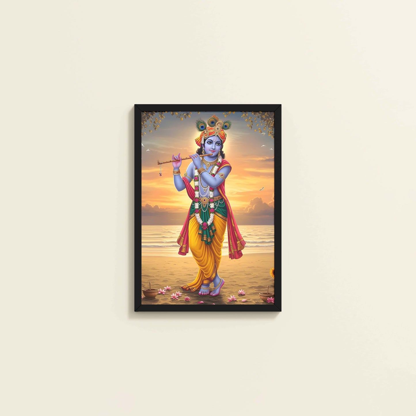 Wall View of Murlidhar – Krishna Playing Flute Wall Art & Decor in Black Color Frame