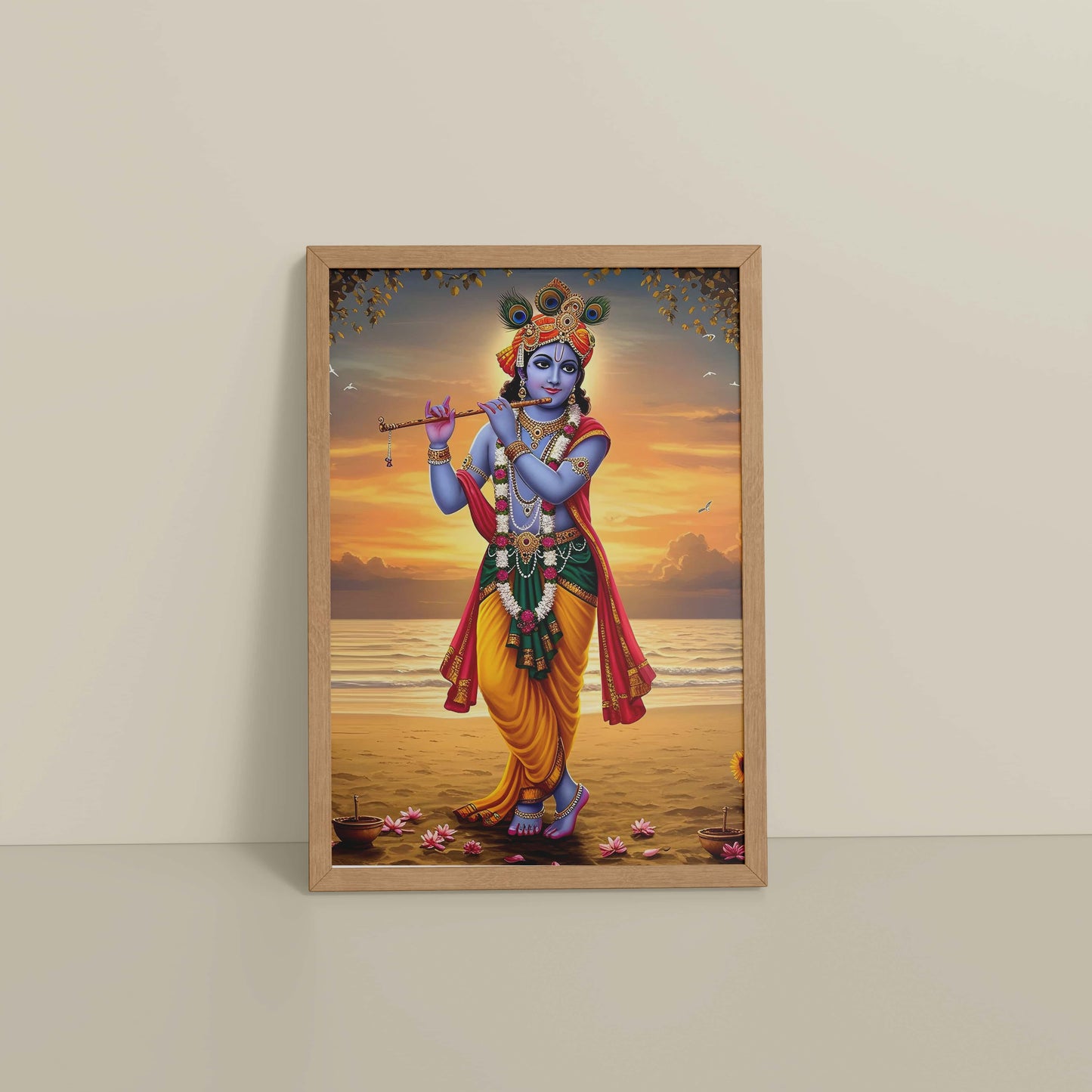 Floor View of Murlidhar – Krishna Playing Flute Wall Art & Decor in Natrual Color Frame