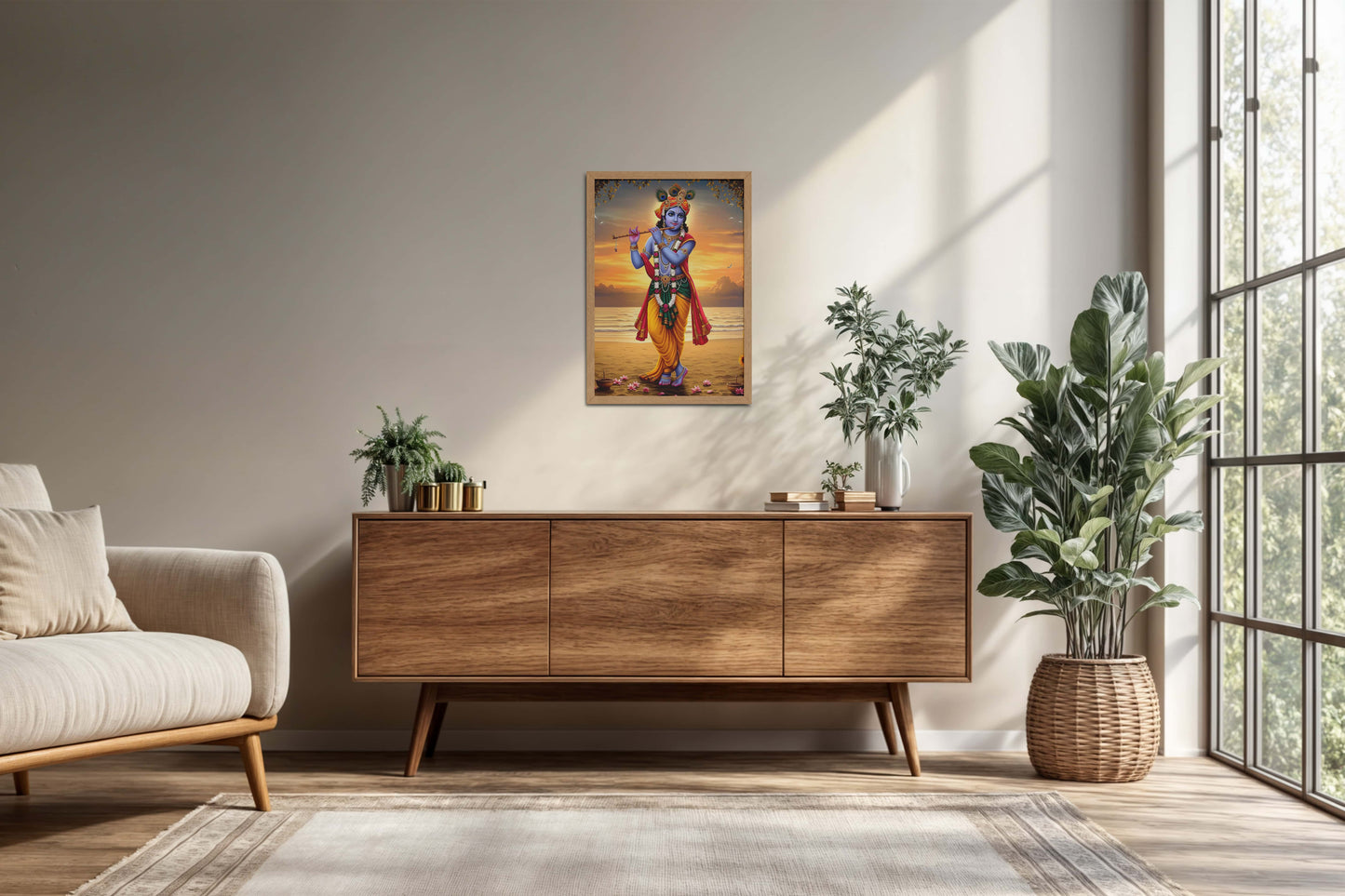 Living Room Cabinet Preview of Murlidhar – Krishna Playing Flute Wall Art & Decor in Natrual Color Frame