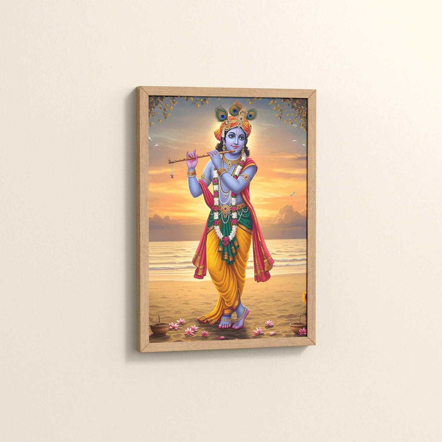 Side View of Murlidhar – Krishna Playing Flute Wall Art & Decor in Natrual Color Frame