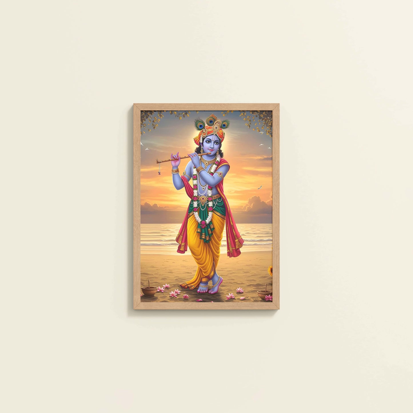Wall View of Murlidhar – Krishna Playing Flute Wall Art & Decor in Natrual Color Frame