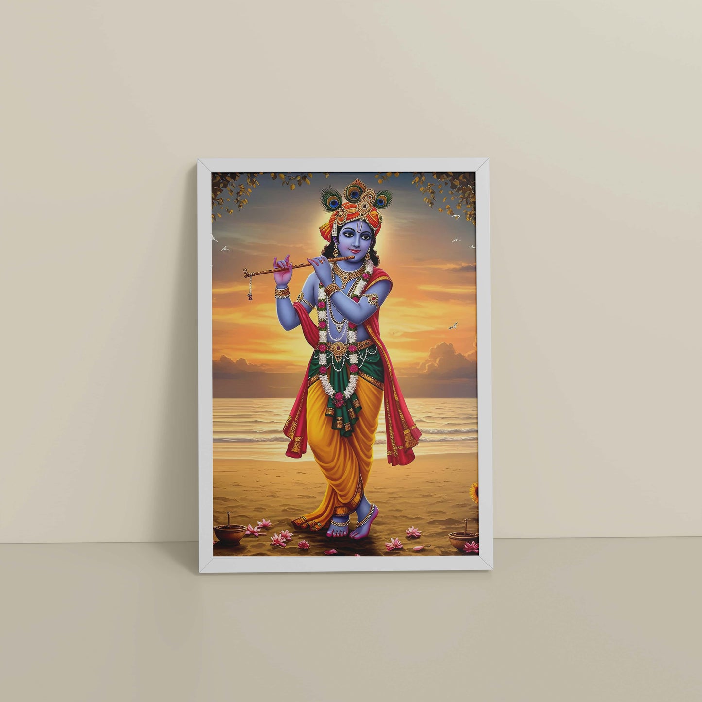 Floor View of Murlidhar – Krishna Playing Flute Wall Art & Decor in White Color Frame