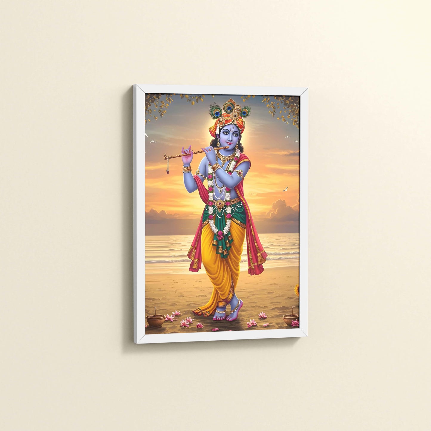 Side View of Murlidhar – Krishna Playing Flute Wall Art & Decor in White Color Frame