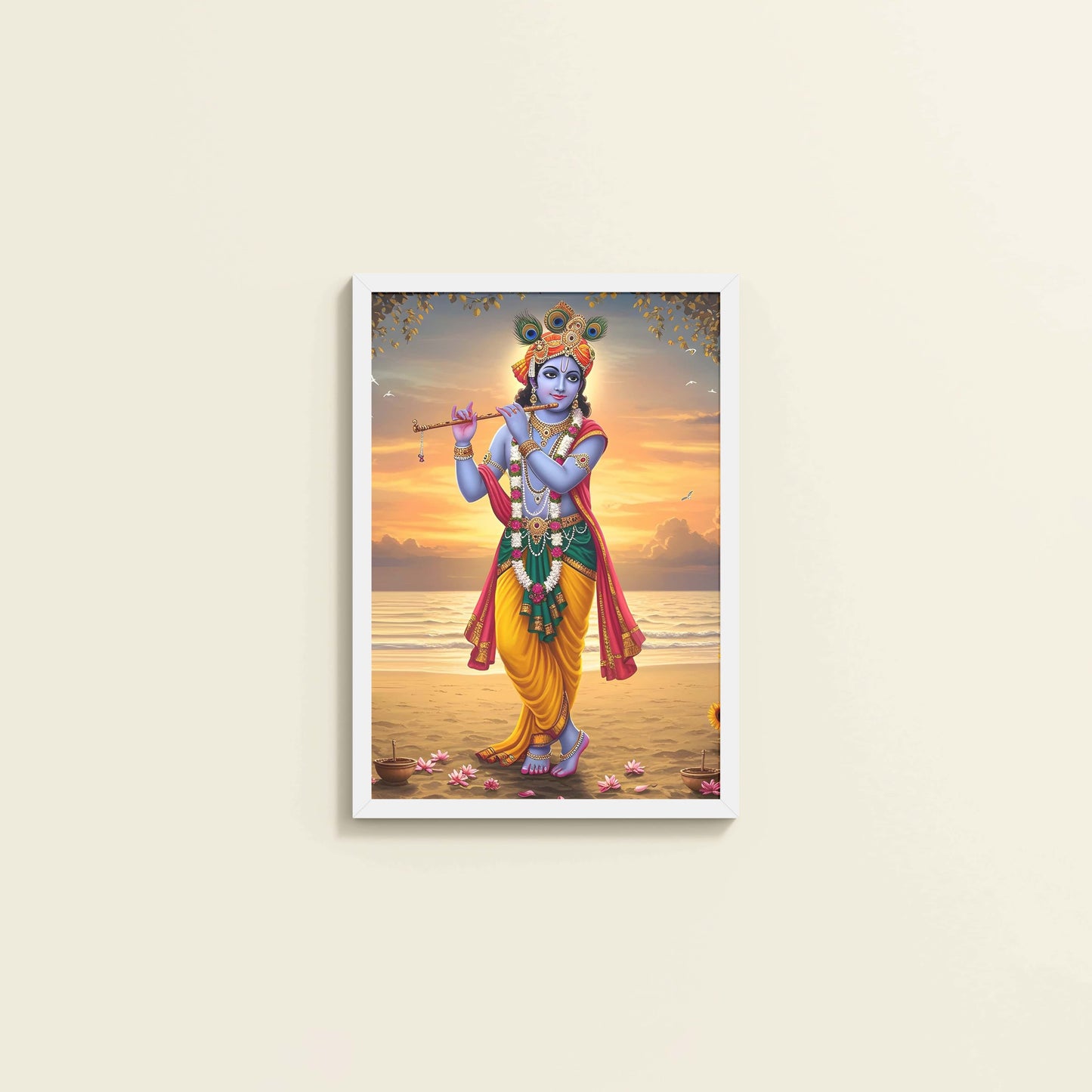 Wall View of Murlidhar – Krishna Playing Flute Wall Art & Decor in White Color Frame