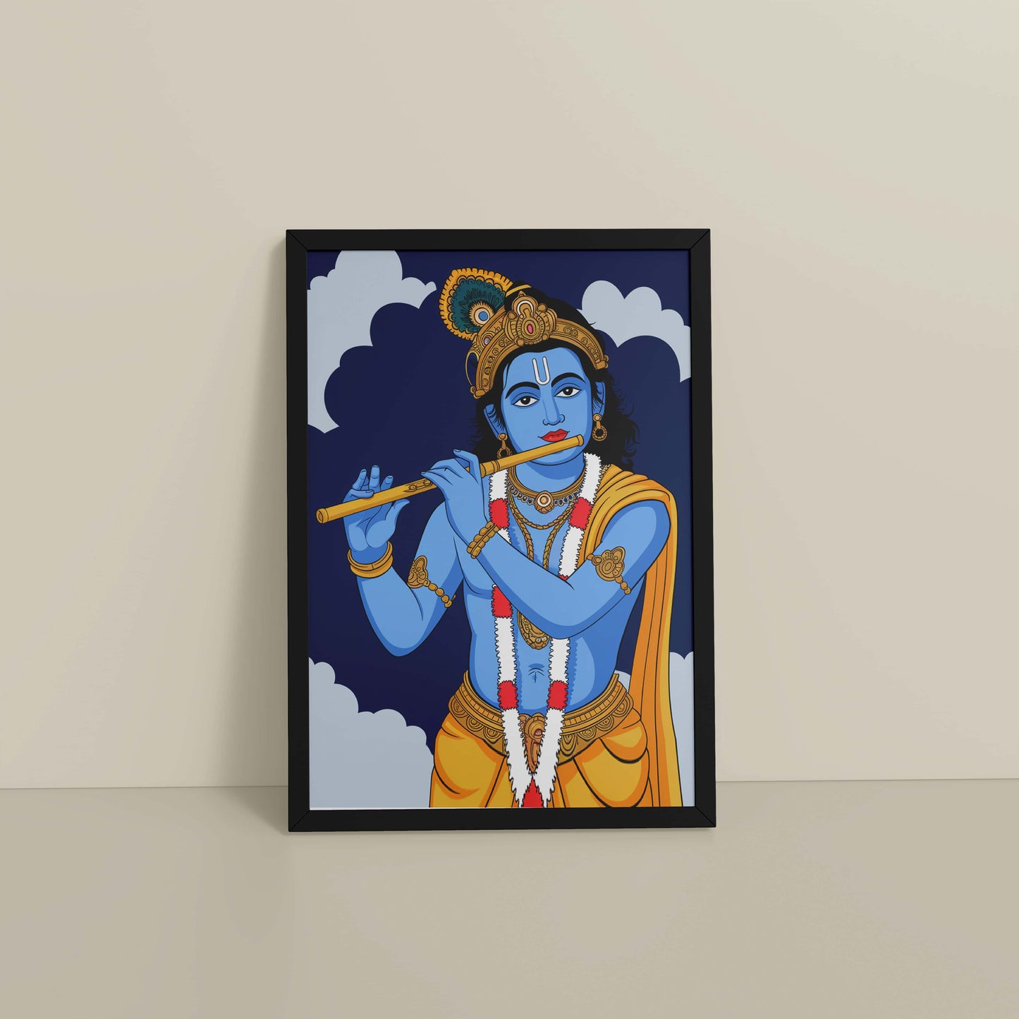 Floor View of Divine Melody – Krishna Playing the Flute Wall Art in Black Color Frame