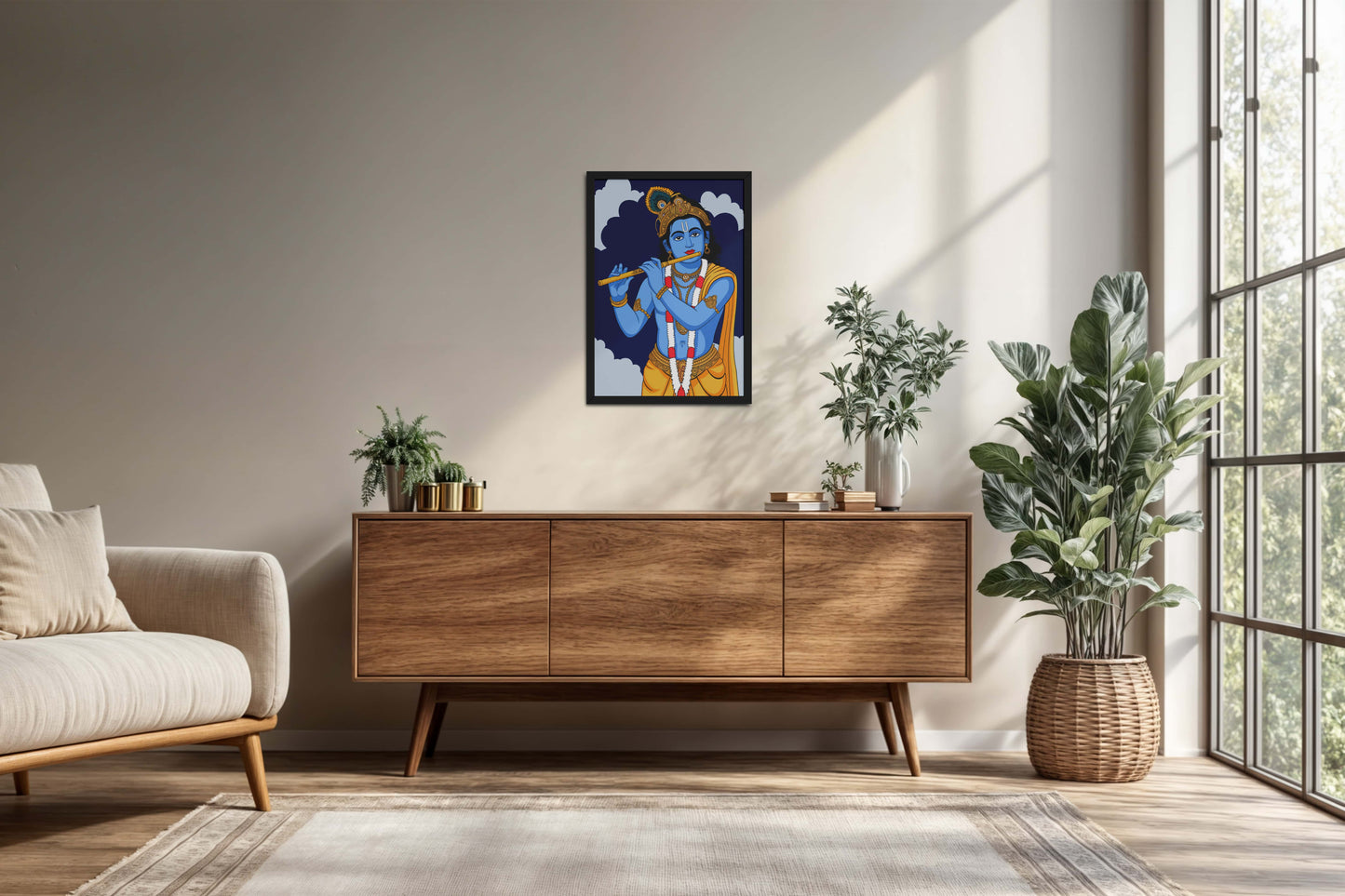 Living Room Cabinet Preview of Divine Melody – Krishna Playing the Flute Wall Art in Black Color Frame