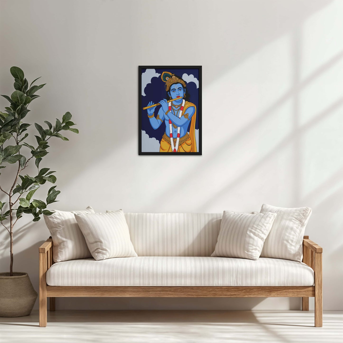 Living Room Cabinet Table Preview of Divine Melody – Krishna Playing the Flute Wall Art in Black Color Frame