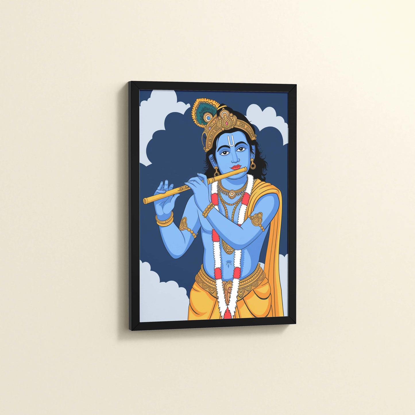 Side View of Divine Melody – Krishna Playing the Flute Wall Art in Black Color Frame